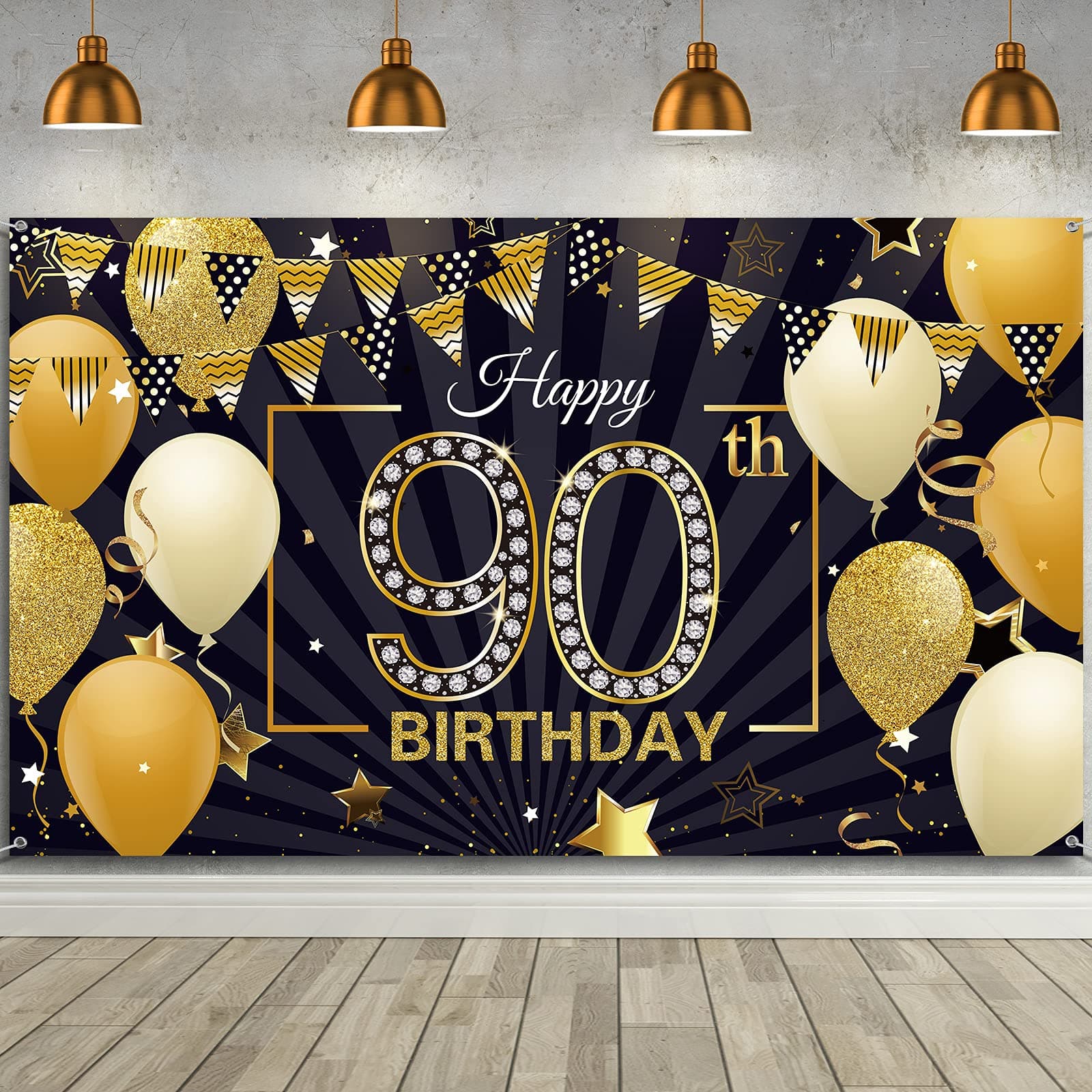 Blulu Happy 90th Birthday Backdrop Banner Extra Large Black and Gold, 72.8 x 43.3 Inch, Polyester, Includes Rope (20 ft/ 6 m), Perfect for Birthday and Anniversary Parties