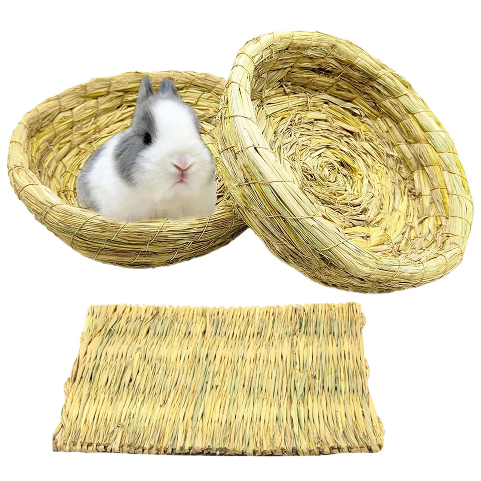 Bunny Grass Bed Guinea Pig Straw House Nest Hay Mats Grass Basket Hatch Chew Toy for Dwarf Rabbit Chinchillas Hamster Fancy Rat Pigeon Parrot 3 Pcs