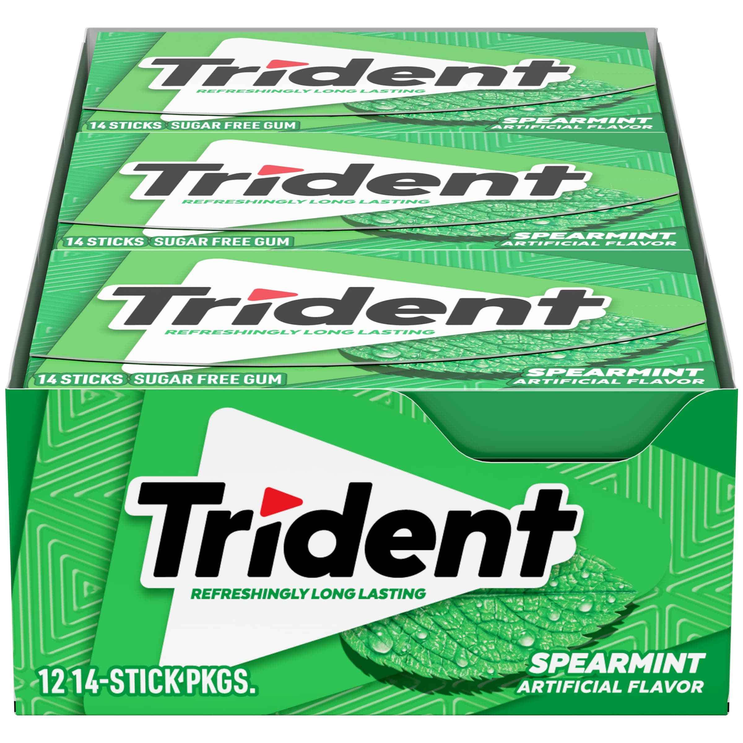 Trident Spearmint Sugar Free Chewing Gum with Xylitol 14 Sticks pack of 12