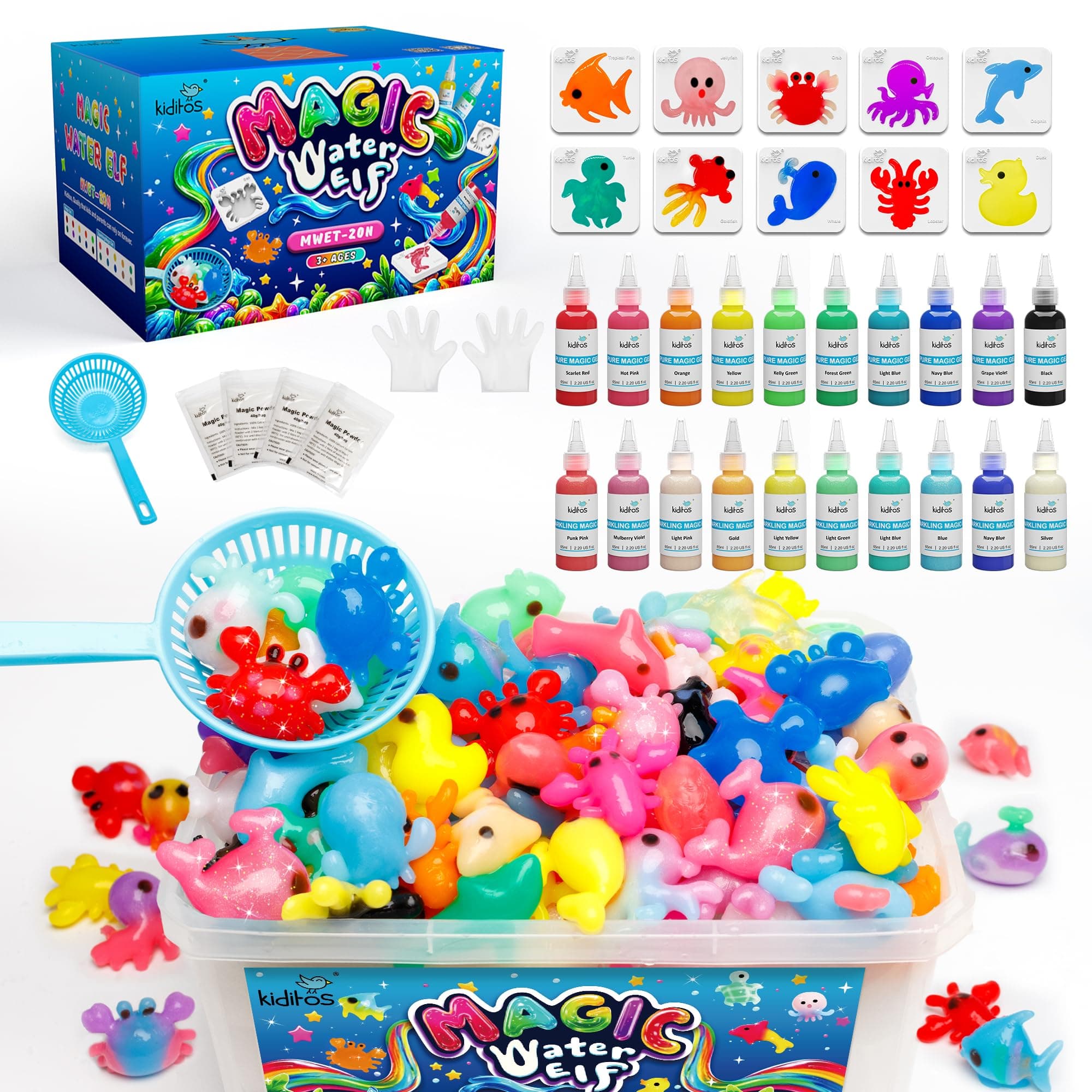 Kiditos Magic Water Elf Toy Kit – Squishies for Kids, 20 Gels & 10 Molds, Magic Gel Water Pets Sensory DIY Craft Kit, Party Favors & Gifts for Kids Ages 3+