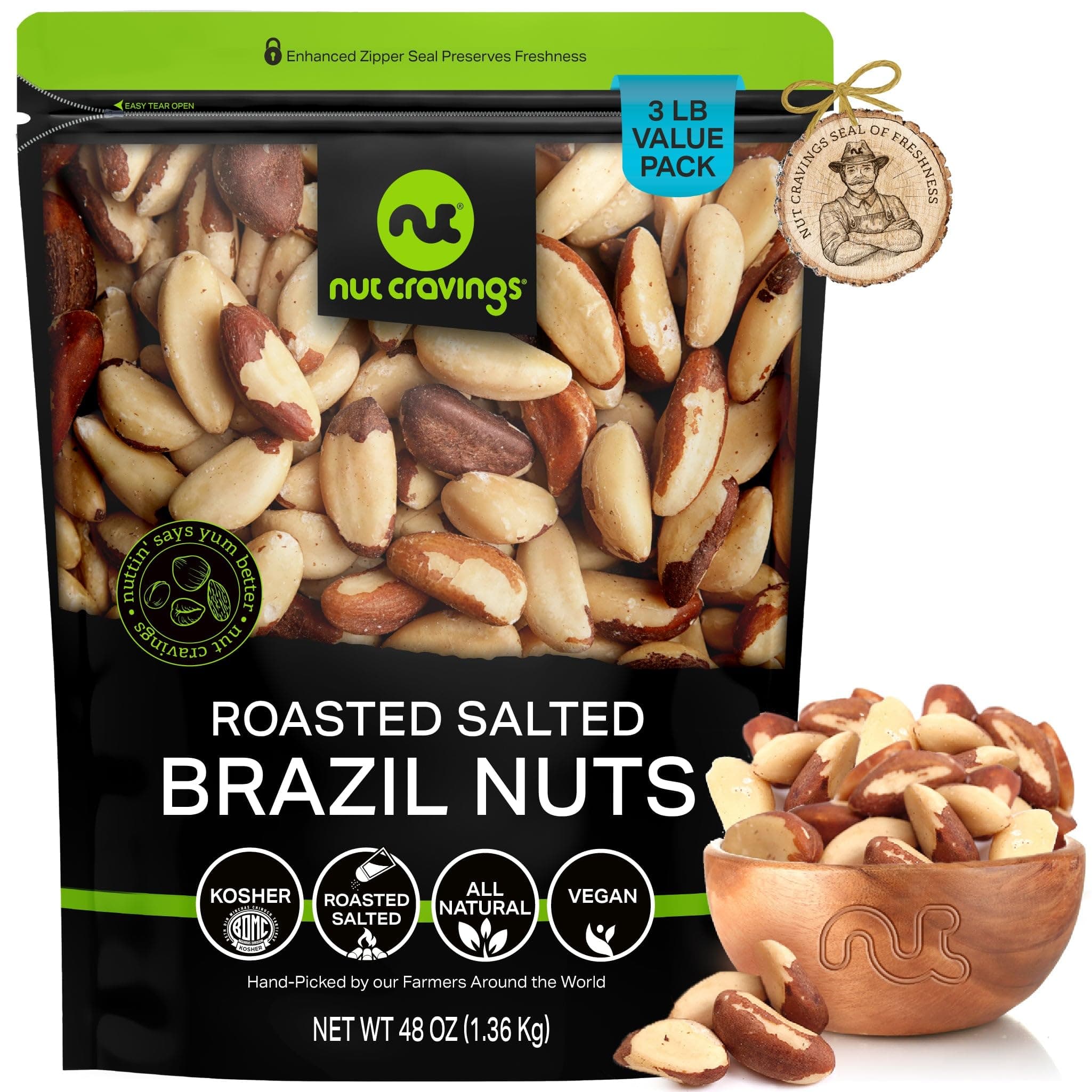 NUT CRAVINGS - Brazil Nuts Roasted & Salted - No Shell, Whole (48oz - 3 LB) Bulk Nuts Packed Fresh in Resealable Bag - Healthy Protein Food Snack, Food Assortments