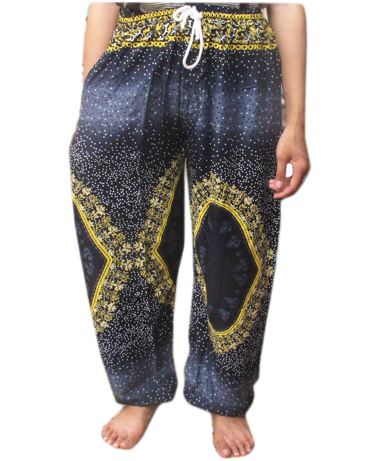 "HITHOT" INDIAN PATTREN PRINTED GENUINE FINE COTTON RAYON FISHERMAN YOKA PANTS HIPPIE BAGGY TROUSERS FREE SIZE FIT FOR 25 - 35 INCHES ADJUSTABLE LENGTH 45 INCHES