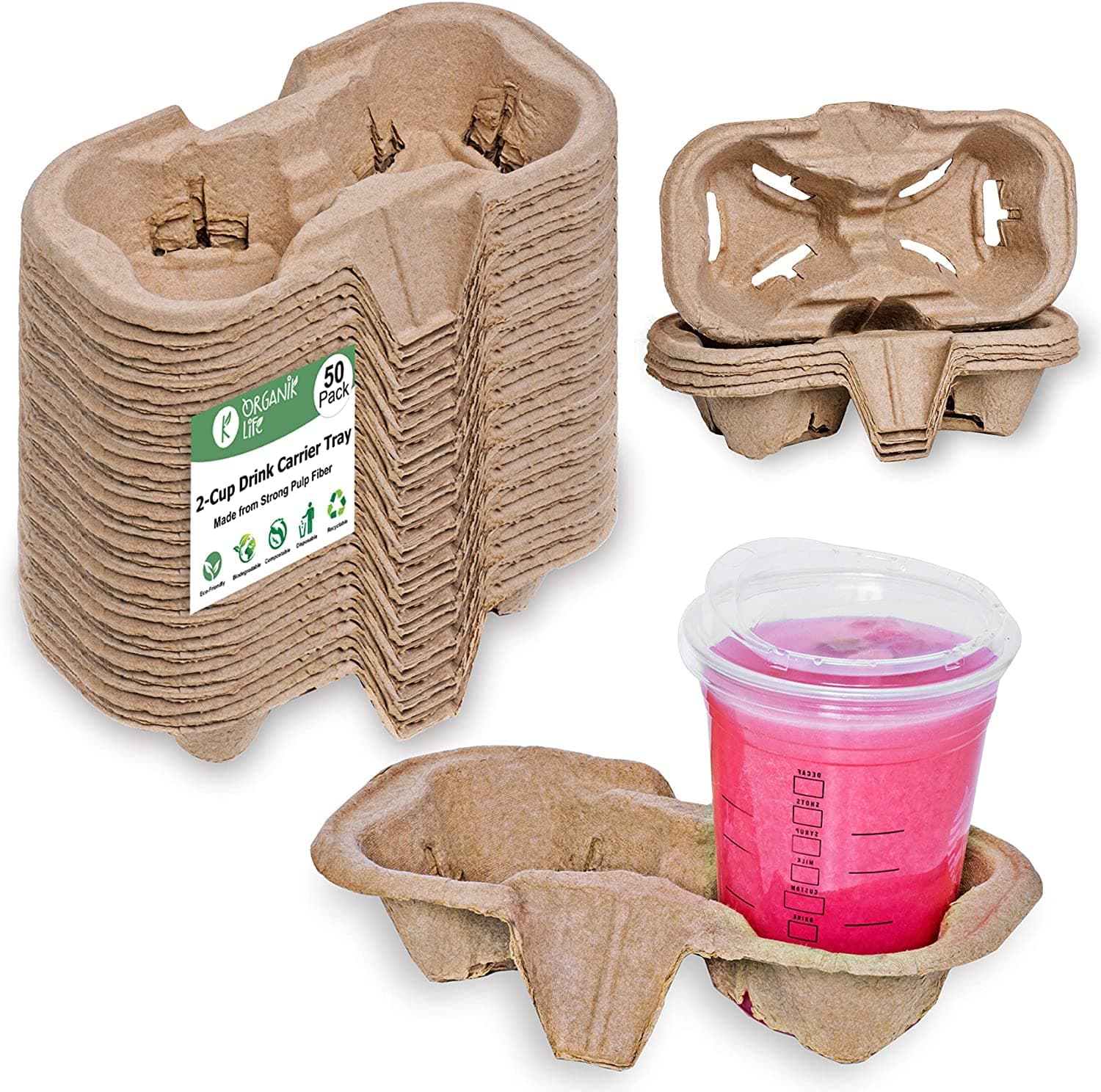 Streetfood Packaging 2 Cup Carrier Tray (50-Pack) Coffee Cup Holder for Drinks, Heat Insulation & Hand Protection, Fits 12 oz - 24oz Cups (2 Coffee Cup Holder (50pcs)