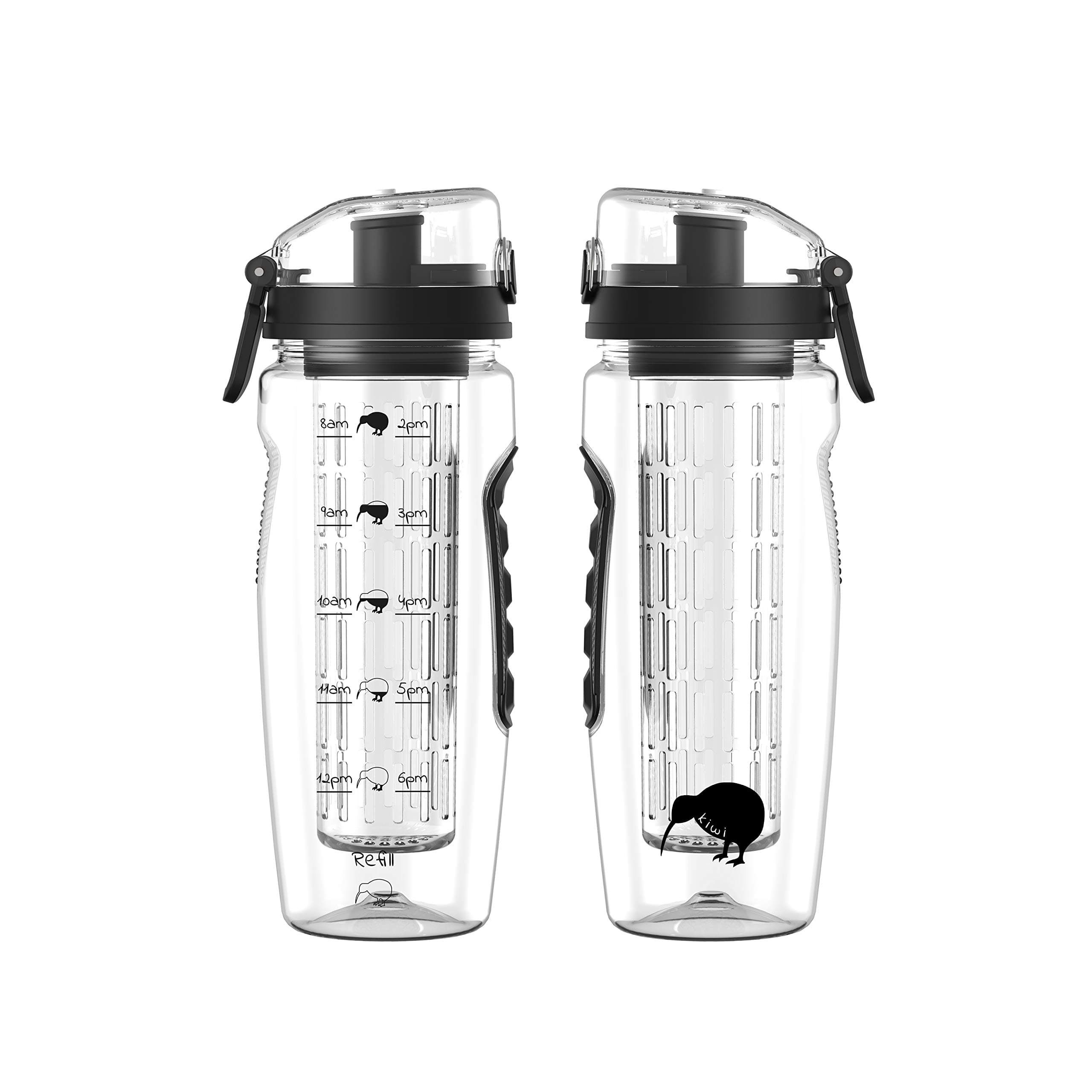 Kiwi Motivational Water Bottle with Fruit Infuser and Times To Drink - 1 Litre Leak Proof BPA Free Water Tracker Bottle