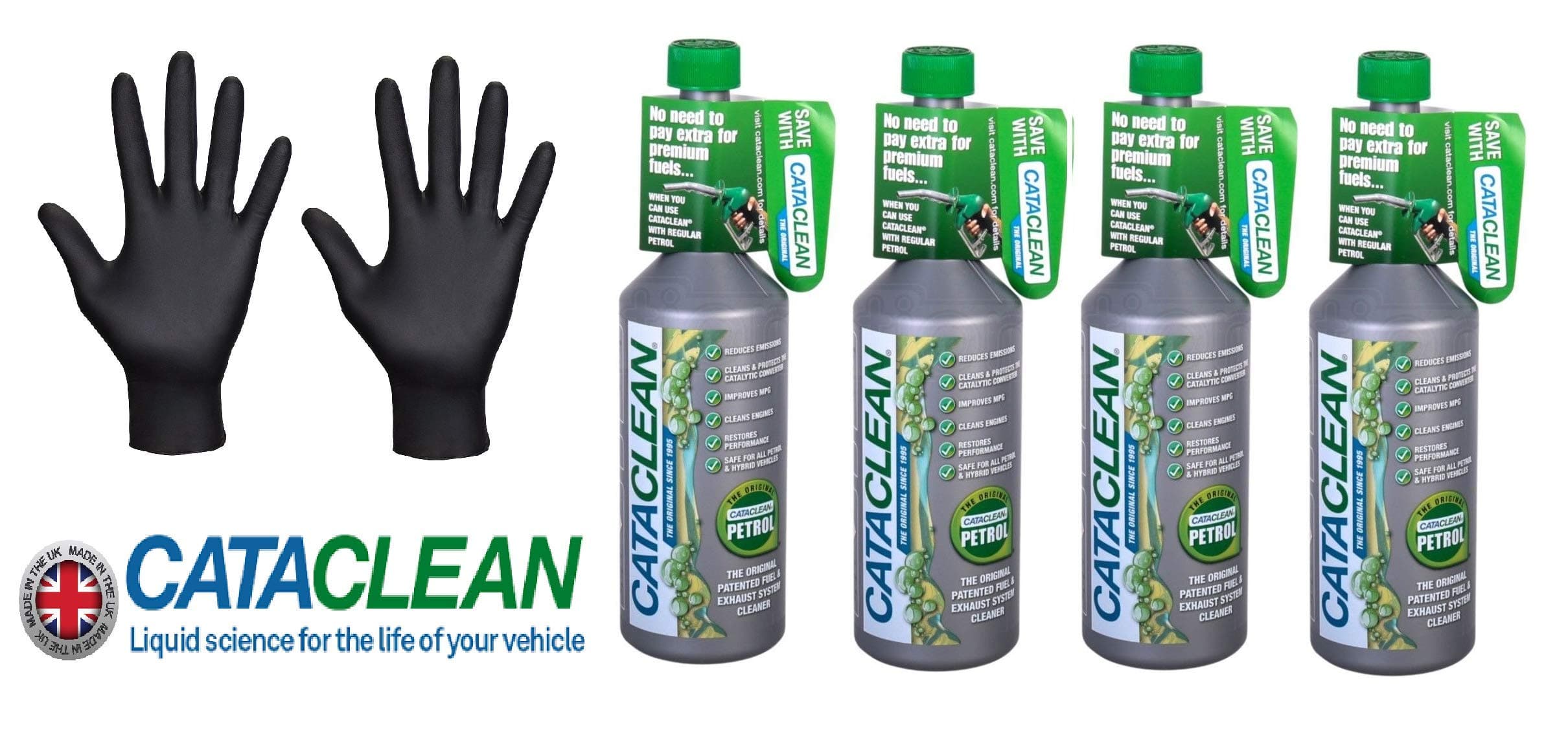 4 x Cataclean Petrol Engine and Catalytic Converter Cleaning Treatment & Pair Of Black Nitrile Gloves