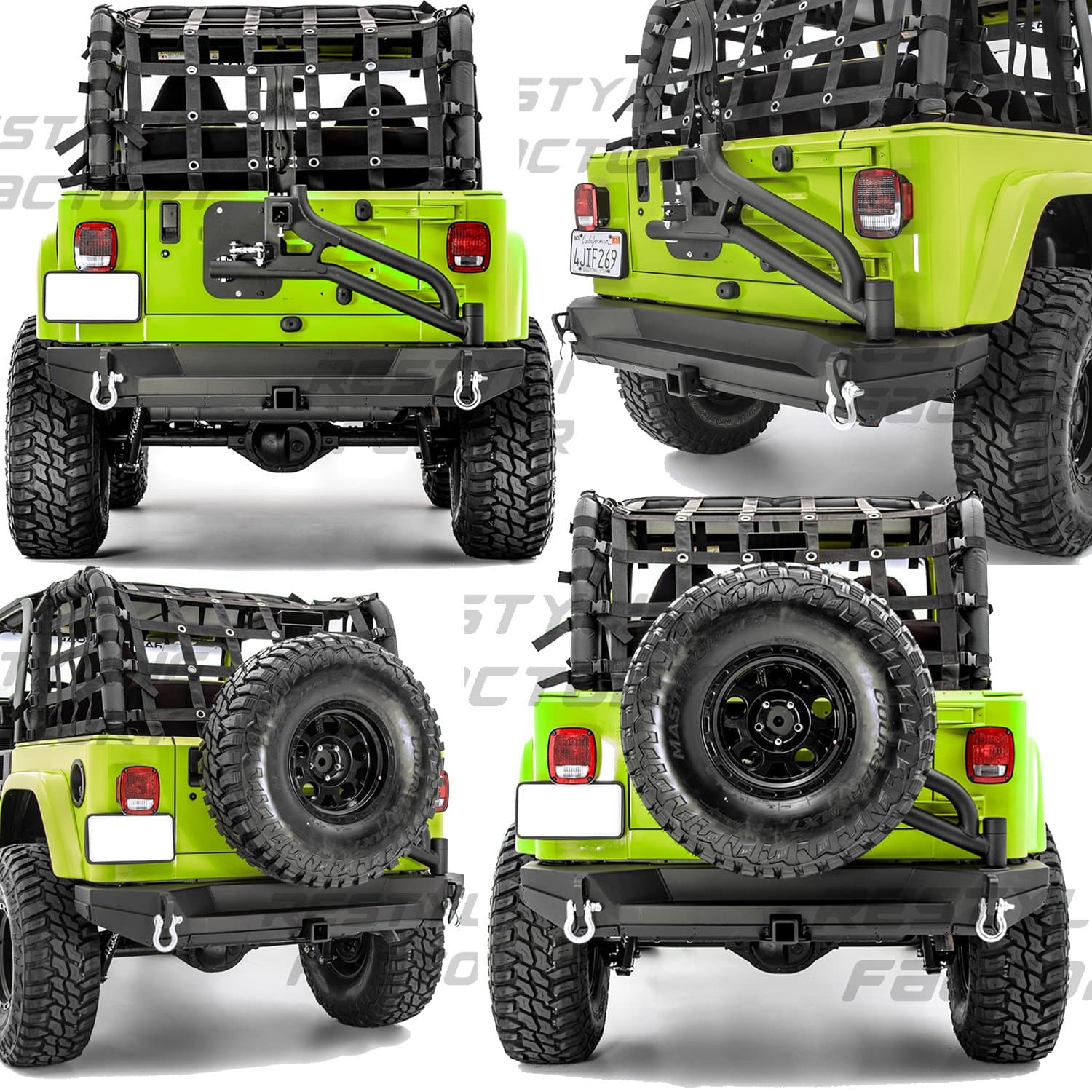 Restyling Factory 97-06 Wrangler TJ Rock Crawler Rear Bumper+Tire Carrier W/ Single handed Linkage Operation, Dual Plate, D-Rings, Hitch Receiver (Black)