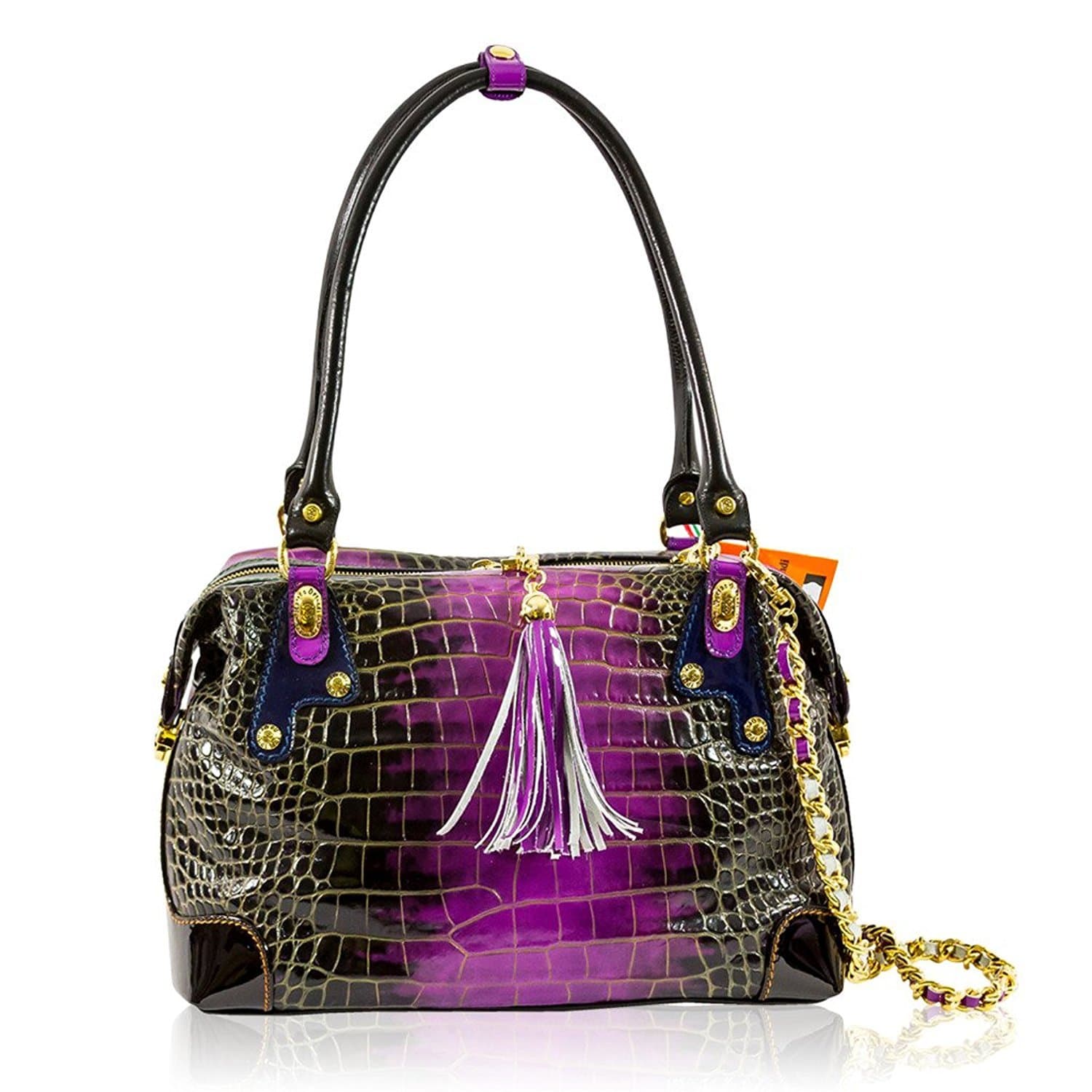 Marino Orlandi Italian Designer Purple Croc Leather Large Boxy Crossbody Bag w/Chain