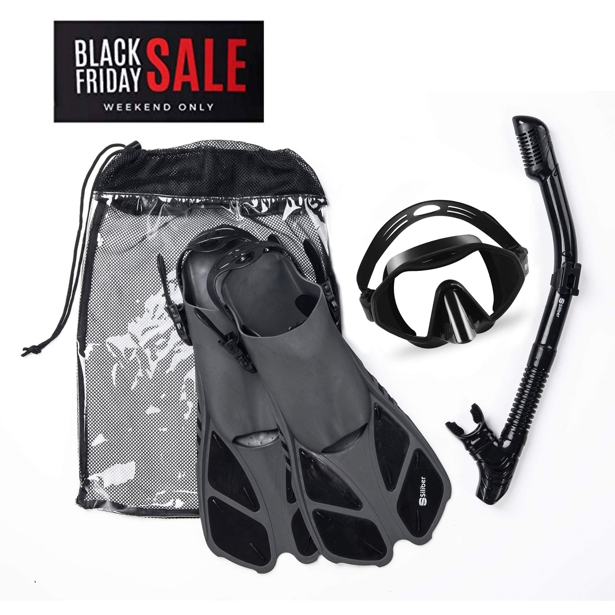Siliber 3Pcs Snorkel Mask & Fins Set, Double Lens Silicone Mask with Dry Top Tube, Adjustable Flippers and Snorkeling Gear Bag for Adults Men and Women