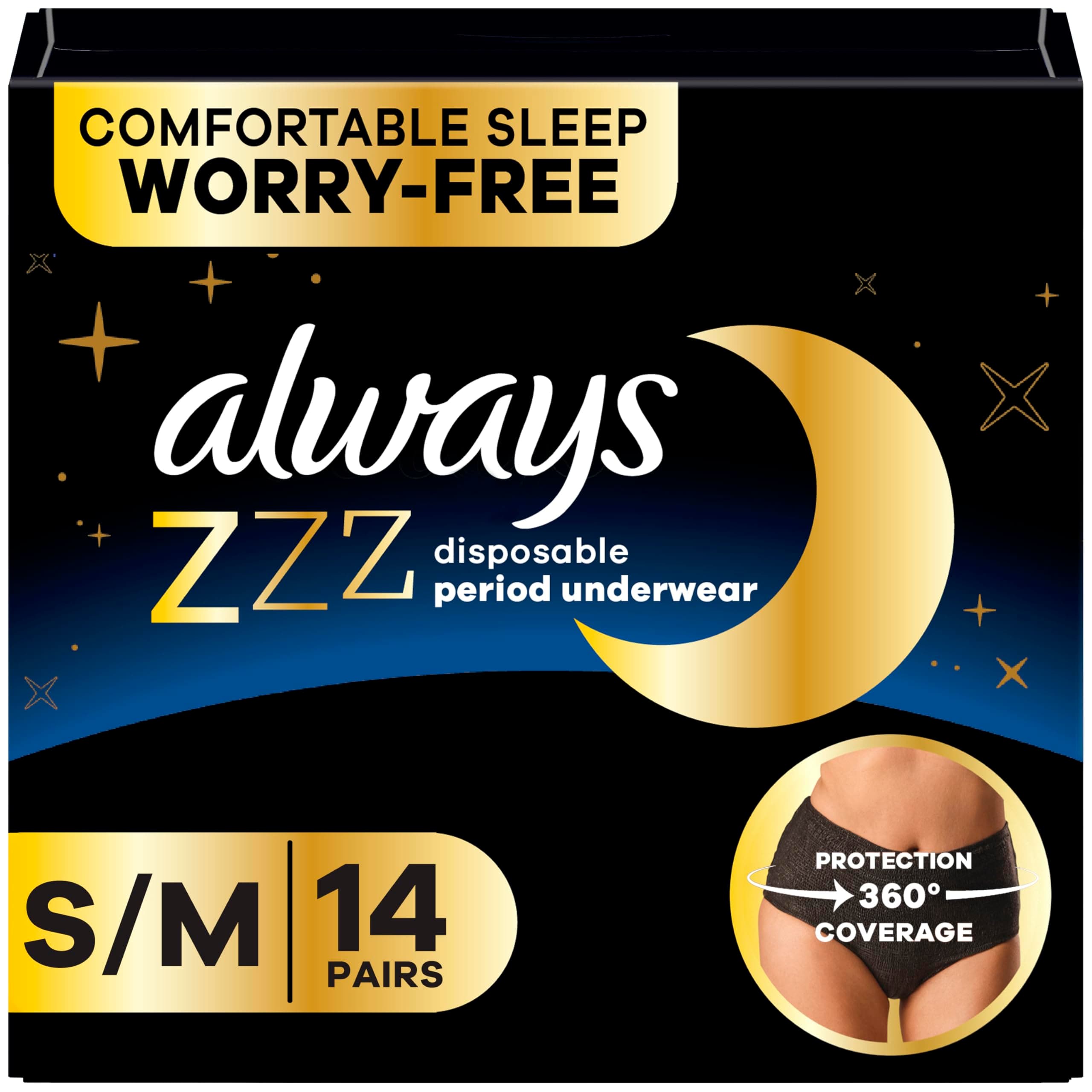 Zzzs Overnight Disposable Period Underwear for Women, Size Small/Medium, Black Period Panties, Leakproof, 7 Count x 2 Packs (14 Count Total)
