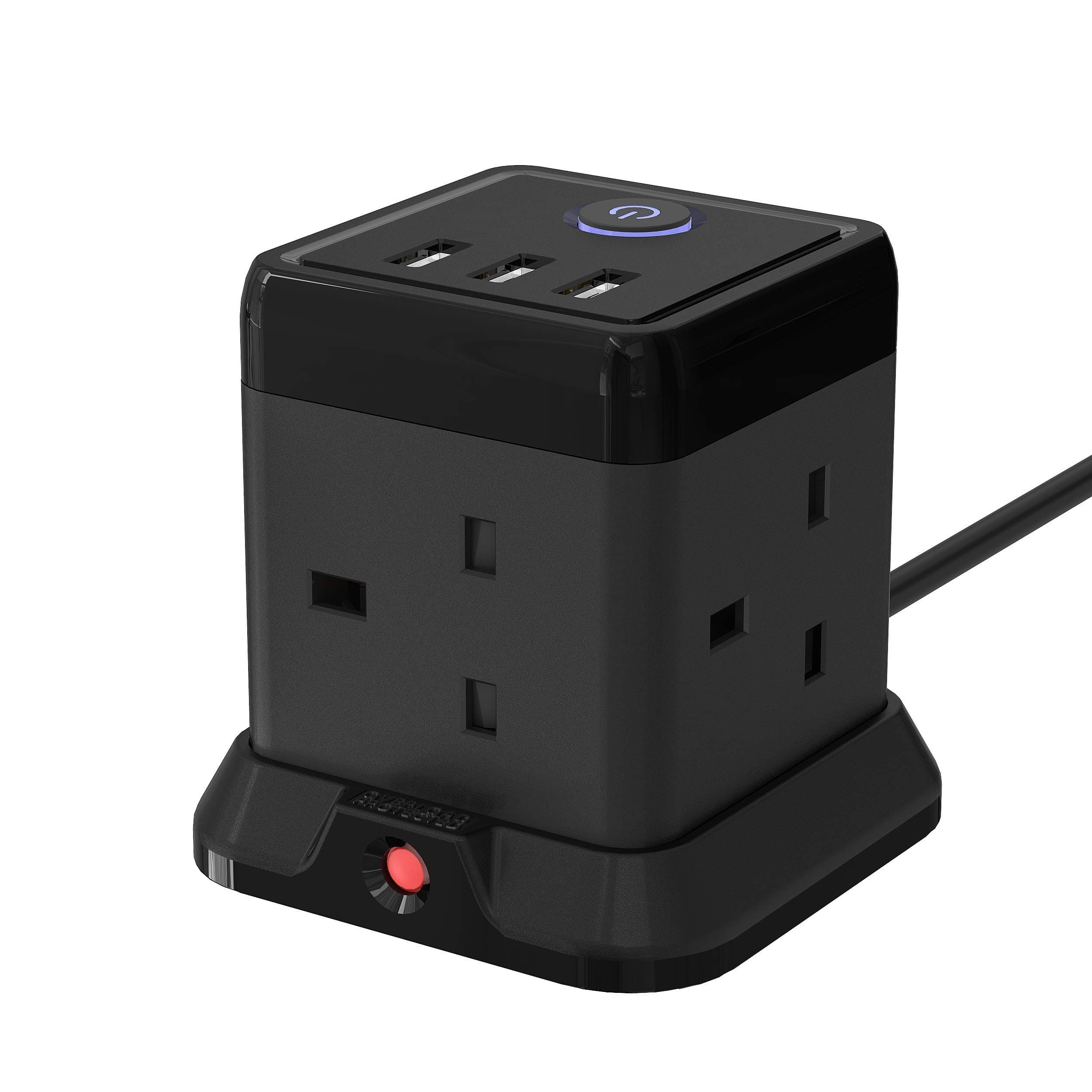 Cube Extension Lead with 3 USB Slots 13A 3250W Hulker 4 Gang Plug Socket with Switch 4 Way Power Strip with 3 USB Port 1.5M Extension Cord Black for Home Dorm Office Travel