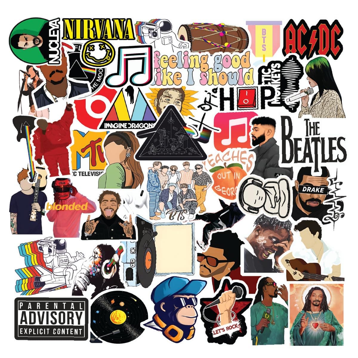 Pack of 58 Random Music Aesthetic Vinyl Stickers for Laptop, Journal, Bike Helmet, Diary, Guitar, Mobile Case - Waterproof - CodersParadise