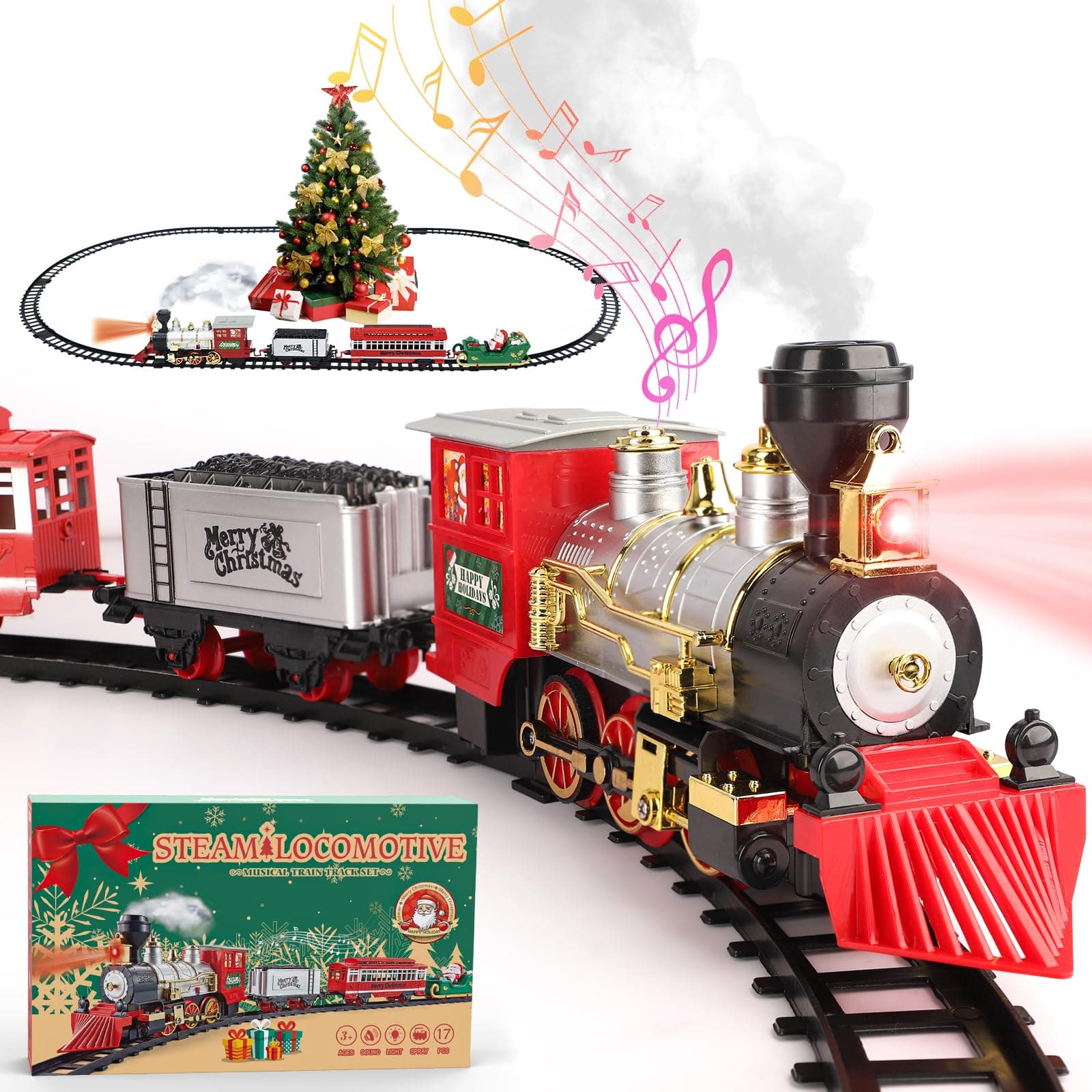 Train Set - Toy Train for Boys Girls with Smoke, Headlight and Sound, Train Toy with Steam Locomotive, Train Car and Rails, Toddler Music Train for 3 4 5 6 7 8+ Years Old Children
