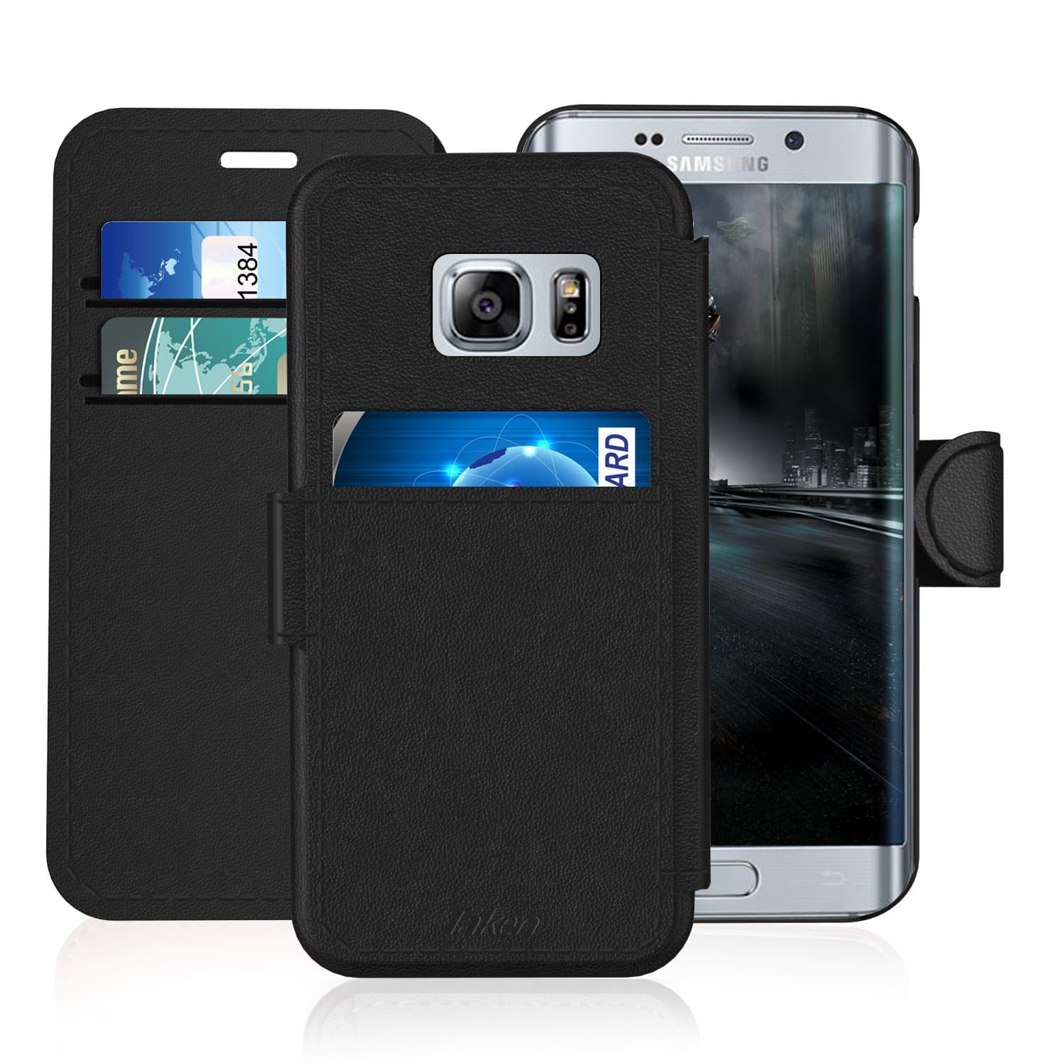 Samsung Galaxy S 6 Edge/S6 Edge Leather Wallet Case with Cards Slot and Metal Magnetic, Slim Fit and Heavy Duty, TAKEN Plastic Flip Case/Cover with Rubber Edge, for Women, Men, Boys, Girls (Black)