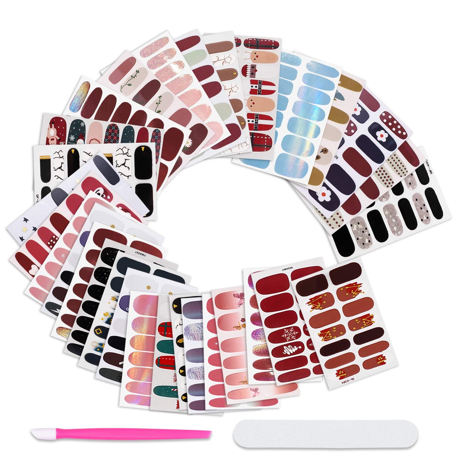 30 Sheets Random Style Nail Polish Strips & Toenail Strips Set Solid Color Gel Nail Stickers Self-Adhesive Fake Nails Art Decal Design Nail Wraps Manicure with Nail File Pusher for Women Girls
