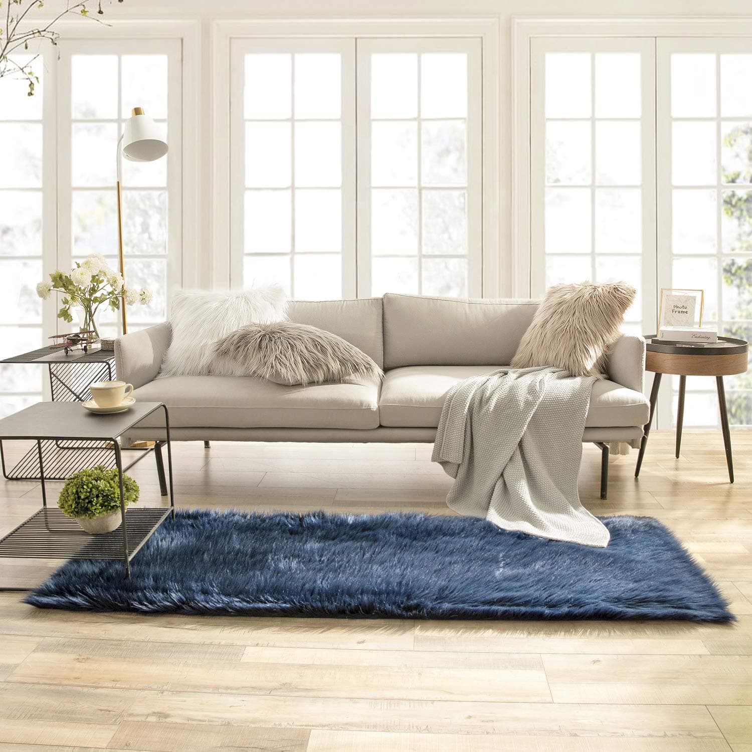 Ashler Faux Fur Rug, Fluffy Shaggy Area Rug Ultra Soft 2.2 x 6 Feet Rectangle Fur Rug, Navy Blue Fuzzy Rug Machine Washable Shag Rug, Nursery Decor Throw Rugs for Bedroom, Kids Room, Living Room