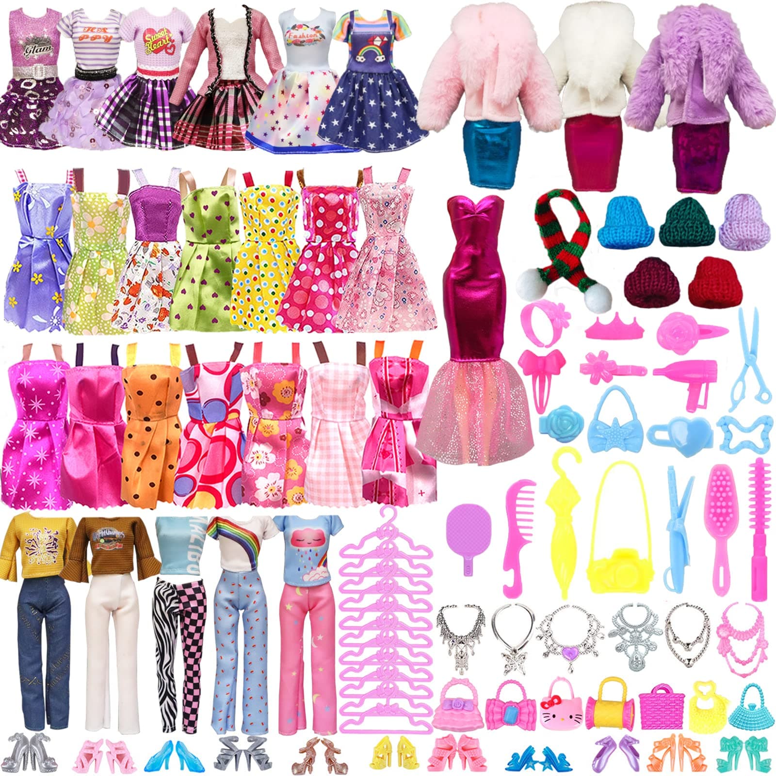 64PCS Doll Clothes and Accessories Set, 1 Red Long Dress 10 Suspender Skirts Coat 2 Summer Dresses Tops Pants Shoes Hangers 28 Dolls Compatible with 11.5 Inch Girls Barbie (GHD-376)