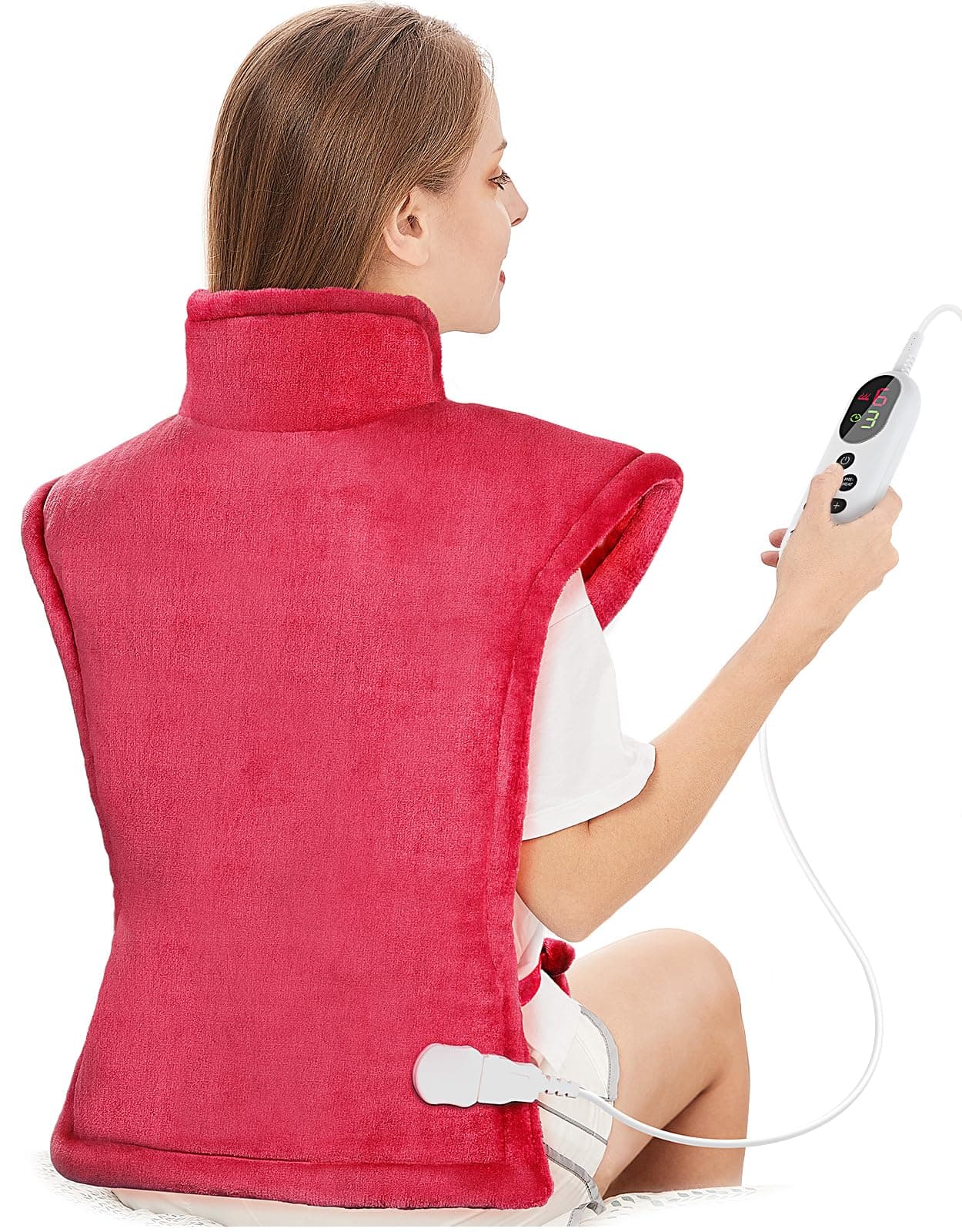 Electric Heating Pad for Back Neck and Shoulders 60x100cm, Heated Warmer with Waist Strap, 6 Heat Levels, Auto-Off Timer, Mia&Coco - Comfort Red