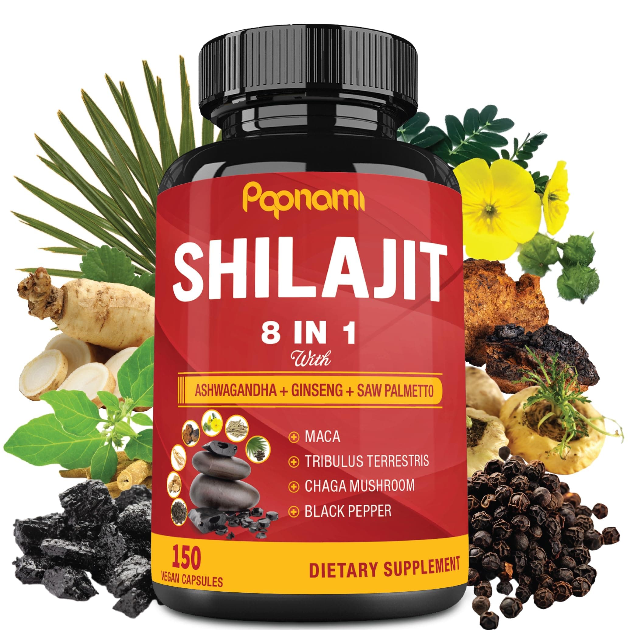 Shilajit Himalayan Supplement for Men & Women - 150 Capsules Combined Ashwagandha, Ginseng, Saw Palmetto, Maca, Tribulus, Chaga & Black Pepper