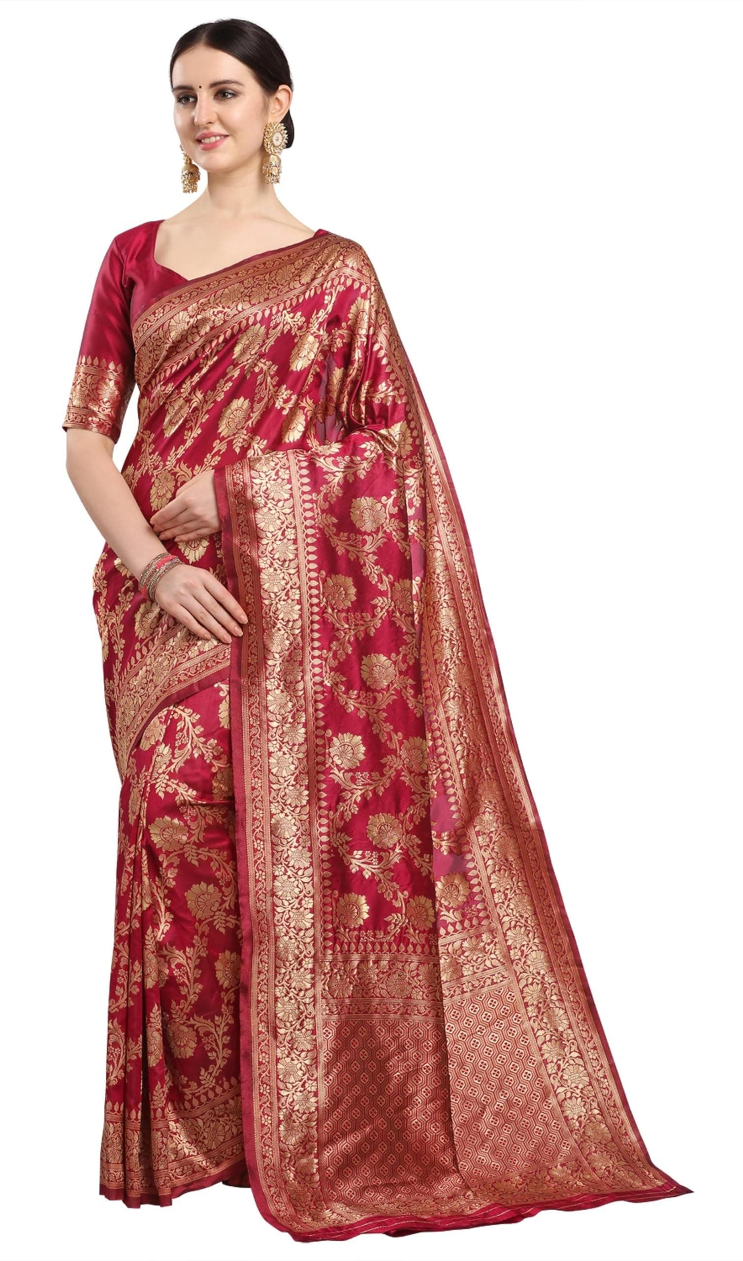 Women's Banarasi Silk Jacquard Work Saree with Blouse Piece (Cherry Maroon), Maroon, One Size