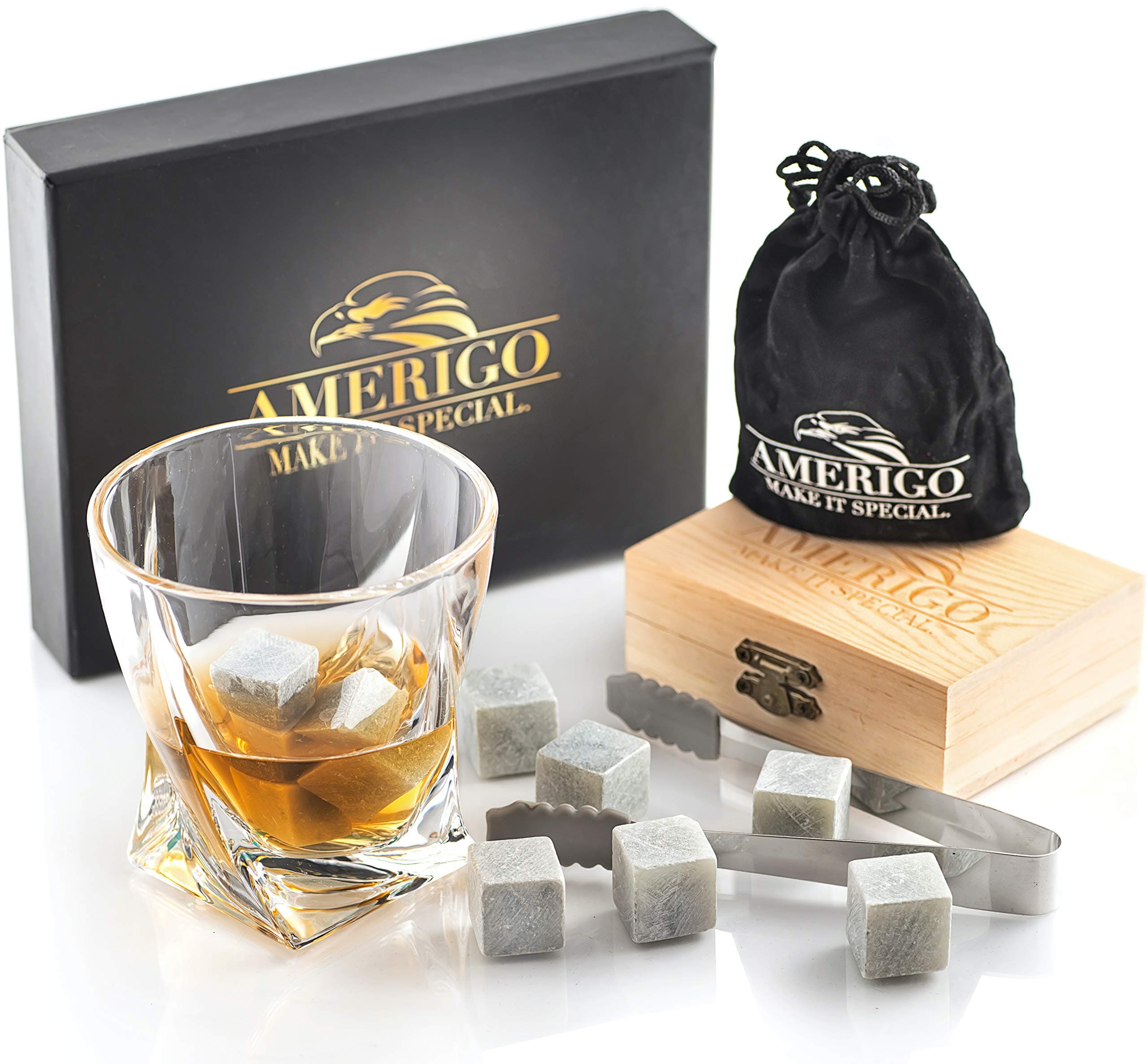 Luxury Whiskey Stones Gift Set - Set of 9 Whiskey Rocks - Reusable Ice Cubes for Drinks - Great Whiskey Gift for Man - Handcrafted Whisky Stones Set - Chilling Stones + Ice Tongs + 2 Classy Coasters