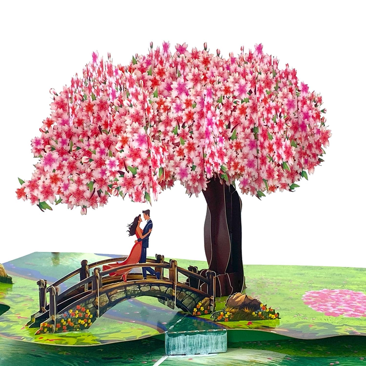 Pop Up Anniversary Cards 3D Cherry Blossom Bridge with Couple in Love, Romantic Greeting Card for Wife, Husband, Her, Him, Wedding Card, Happy Valentine’s Day, 6"x 8" Happy Mother’s Day Pop Up Card