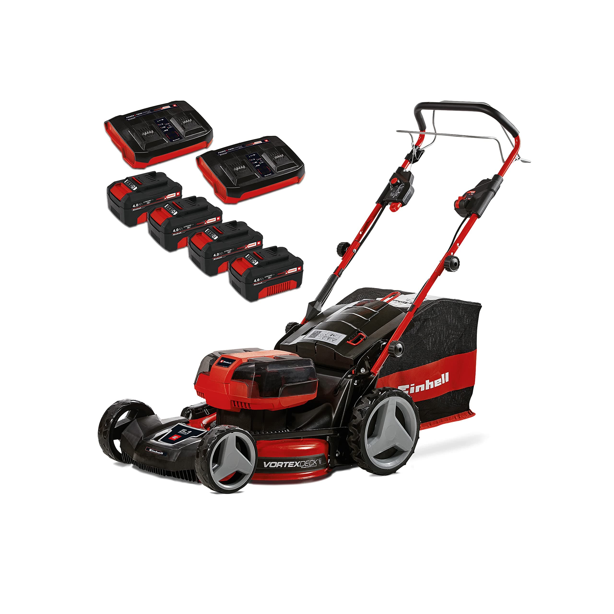 Einhell Cordless Lawnmower with Battery (x4) and Twin-Charger (x2) 36V Power X-Change, 47cm Cutting Width, Dual 36V, 75L Grass Box, 6 Cutting Heights GE-CM 36/47 S HW Li