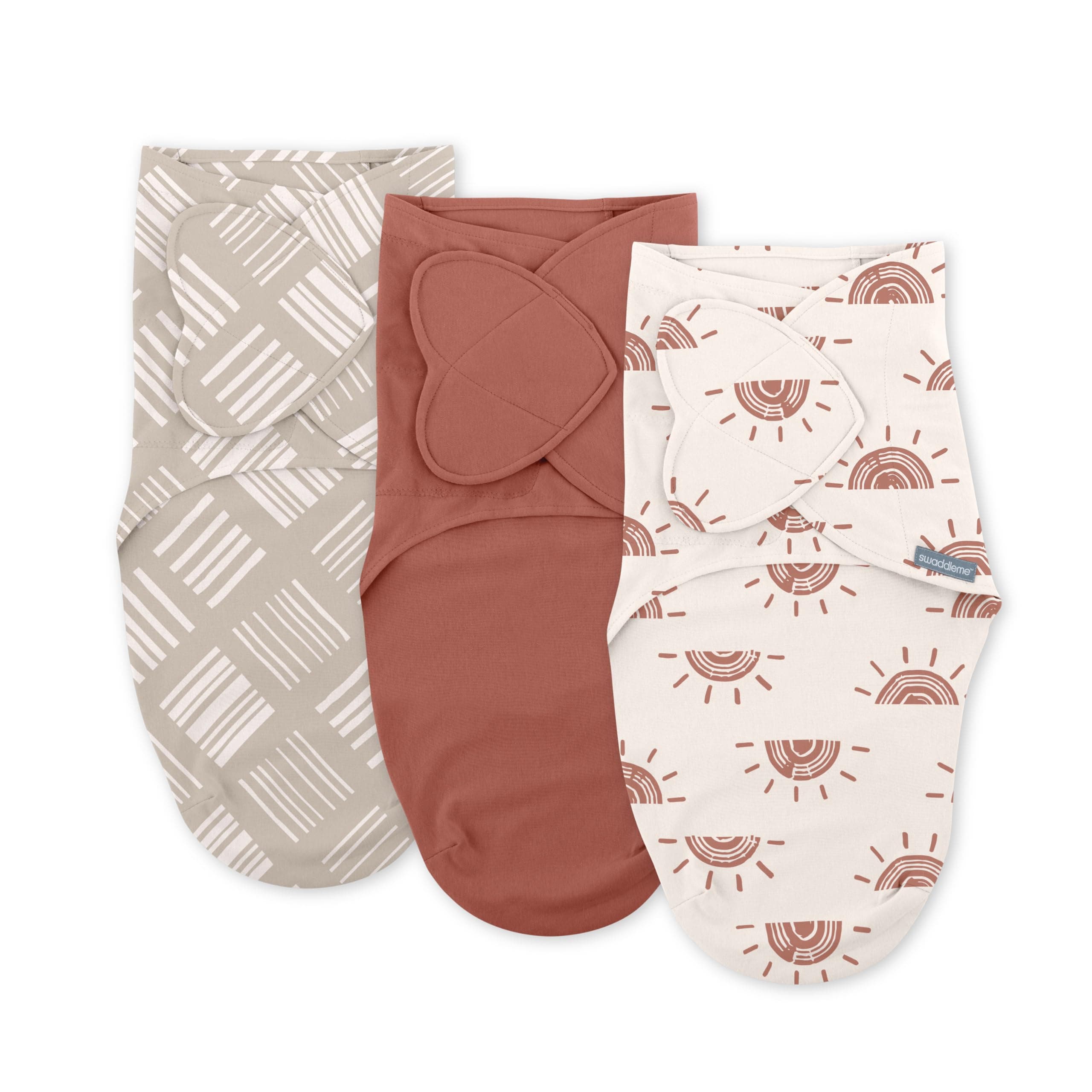 SwaddleMe by Ingenuity Monogram Collection Baby Swaddle, 100% Cotton, Improves Sleep & Calms Startle Reflex, 0-3 Months, Pocket Fold Design for Easy Changes, 1.0 TOG, 3-Pack - Rising Sun