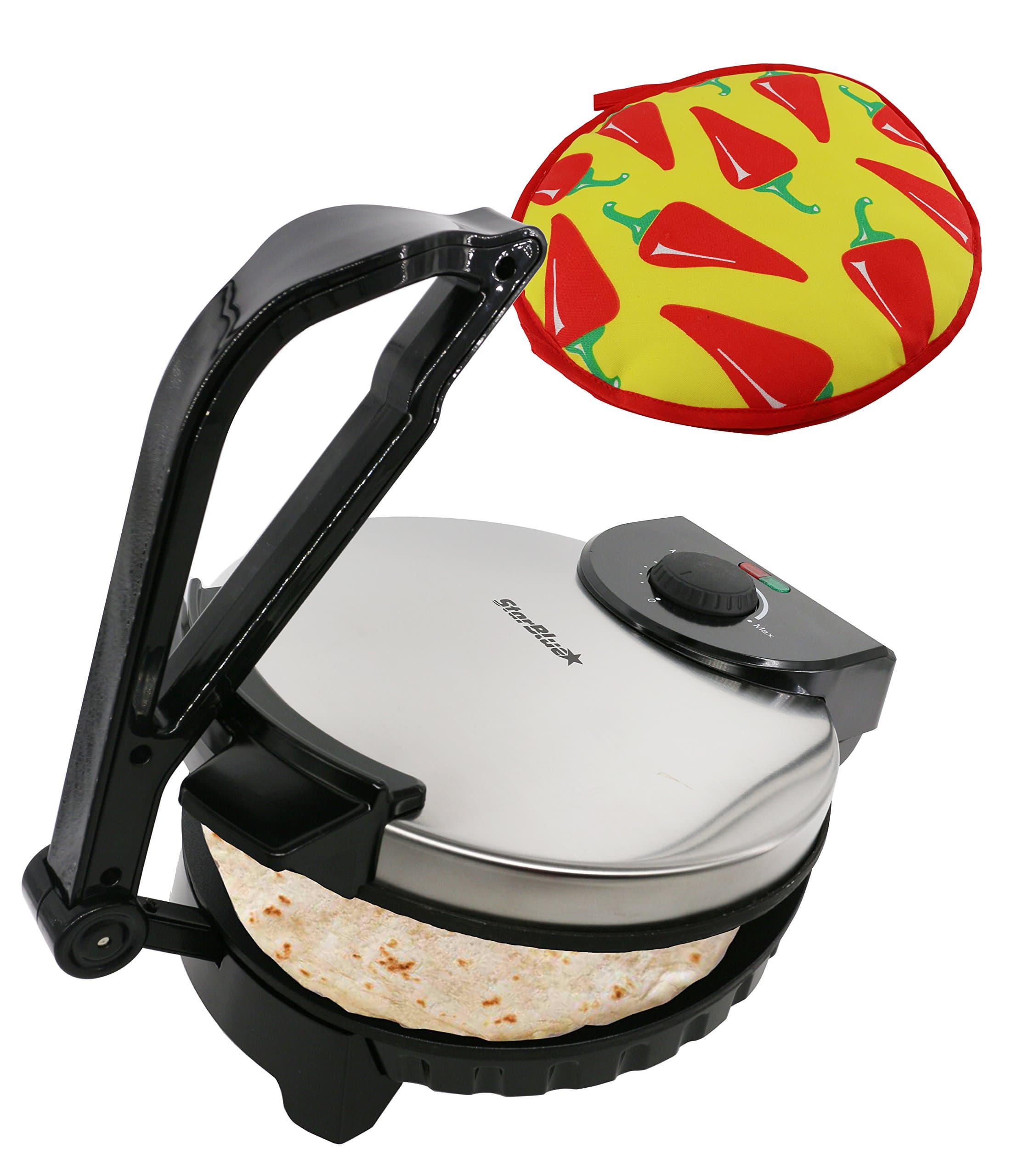 10inch Roti Maker by StarBlue with FREE Roti Warmer - The Automatic Non-Stick Electric Machine to Make Chapati, Tortilla, AC 220-240V 50/60Hz 1200W, UK Plug, Europe Adapter Included