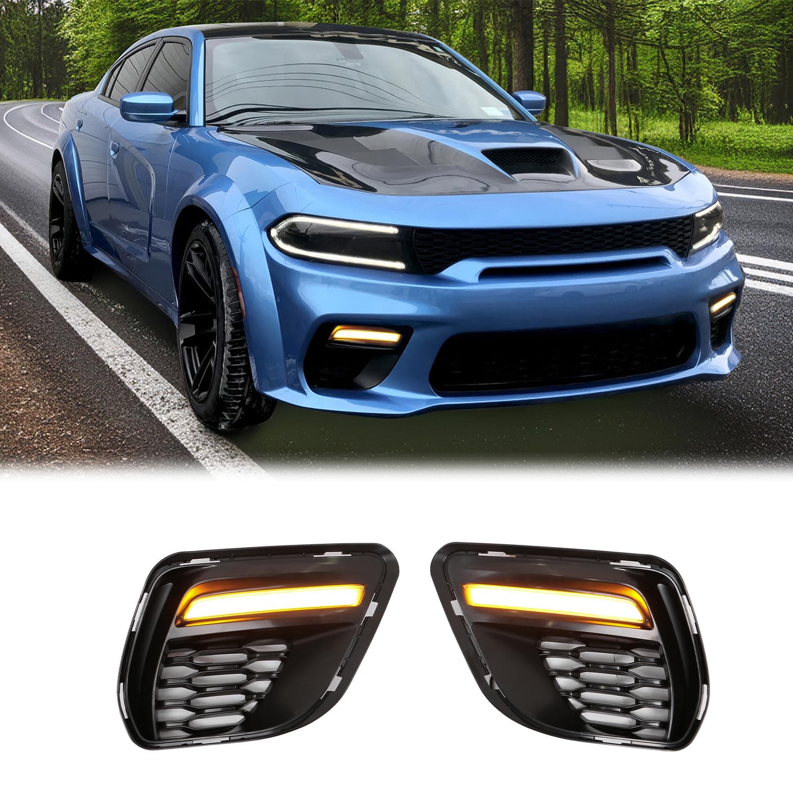 FREEMOTOR802 Fog Light Covers Compatible with 2020-2023 Dodge Charger Widebody Models | Black Front Lower Fog Lights Bezels DRL Switch Back Turn Signal Lamps Replacement Driver & Passenger Side 2PCS