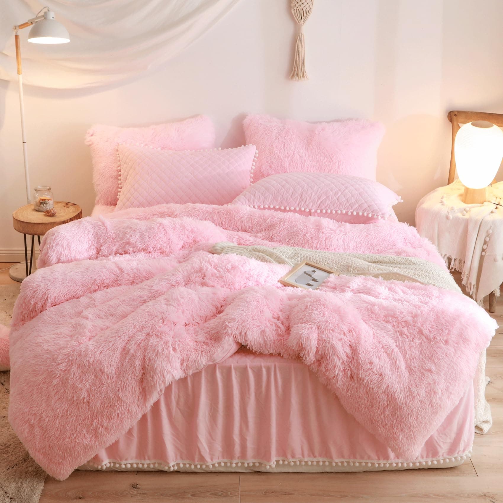 Pink Fluffy Comforter Set， Fluffy Plush Shaggy Duvet Cover 2 Pieces Set (1 Faux Fur Duvet Cover + 1 Plush Pillow Cases) Velvet Pink Bedding Twin Bed Set,Zipper Closure (Pink, Twin)
