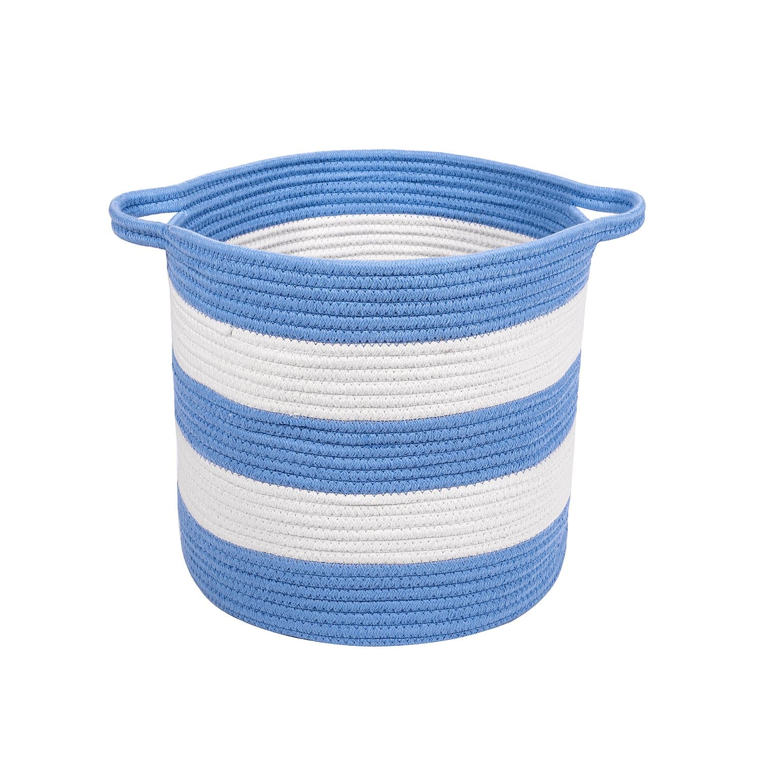 Cotton Rope Storage Basket with Handles - Woven Baskets for Kids' Toys - Laundry Baskets Nursery Hamper - 13" x 15" (White & Baby Blue)