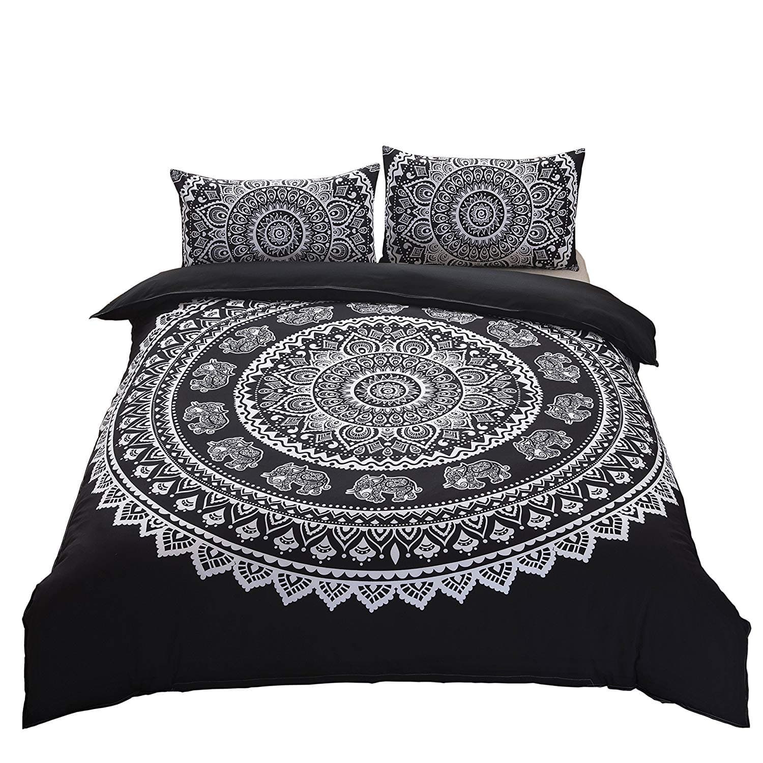 3 Piece Bohemian Duvet Cover Sets Queen Size Mandala Elephant Boho Chic Bedding Duvet Cover Sets for Aducts Boys Girls Black White
