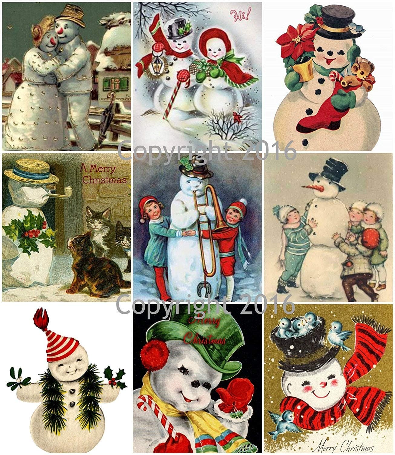 Victorian Vintage Snowman Christmas Card Collage Sheet 8.5 x 11"