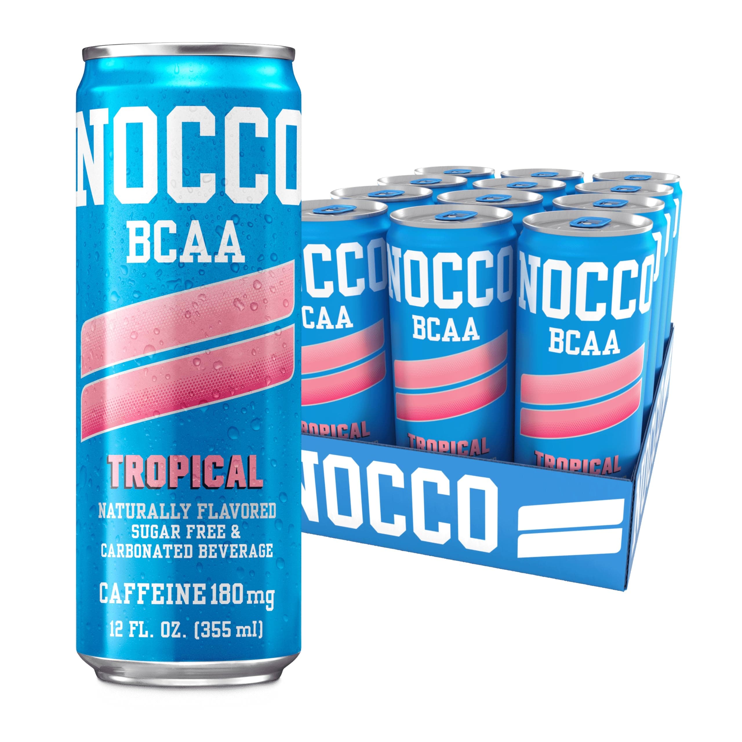 NOCCO BCAA Energy Drink Tropical Flavor - 12 Fl Oz (Pack of 12) - 180mg of Caffeine, Sugar Free Energy Drinks - Carbonated & Low Calorie, BCAAs, Vitamin B6, B12, & Biotin - Grab & Go Performance Drink