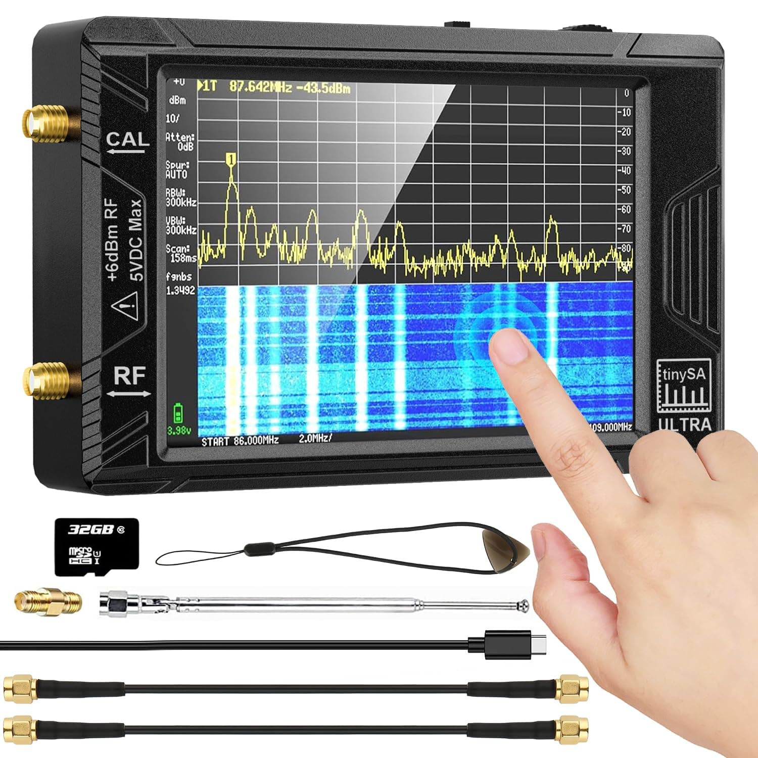 TinySA Ultra Spectrum Analyzer 4.0 inch, Camii 100kHz-5.3GHz Handheld Frequency Analyzer with 32Gb Card, 2-in-1 Signal Generator 100kHz to 800MHz MF HF VHF UHF Input (V0.4.5.1)