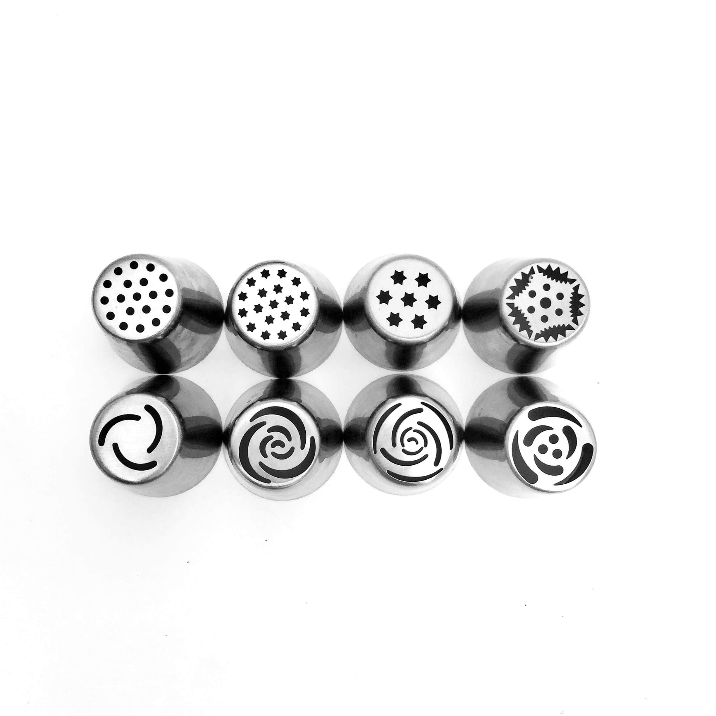 8 Piece Set #4 - Schast'ye Original Russian Piping Tips #25-#32 - Professional Cake Decorating Tool Kit Includes: 8 Stainless Piping Tips + 1 Pastry Bag (9 Pieces Total)