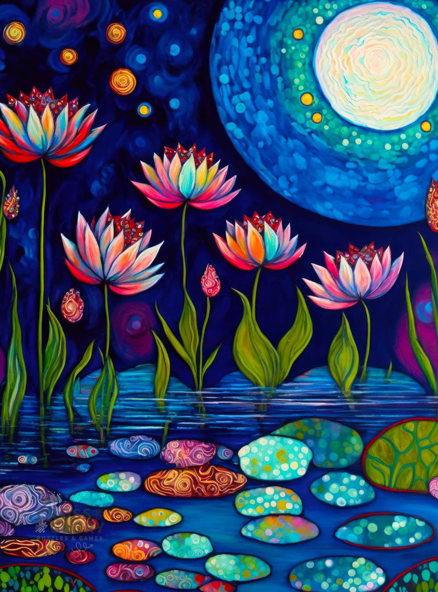 Cross & Glory - Waterlilies by Moonlight - 1000 Piece Jigsaw Puzzle for Adults | Stunning Artwork of Moonlit Waterlilies in a Serene Pond | Great for Relaxation and Display for Puzzle Enthusiasts