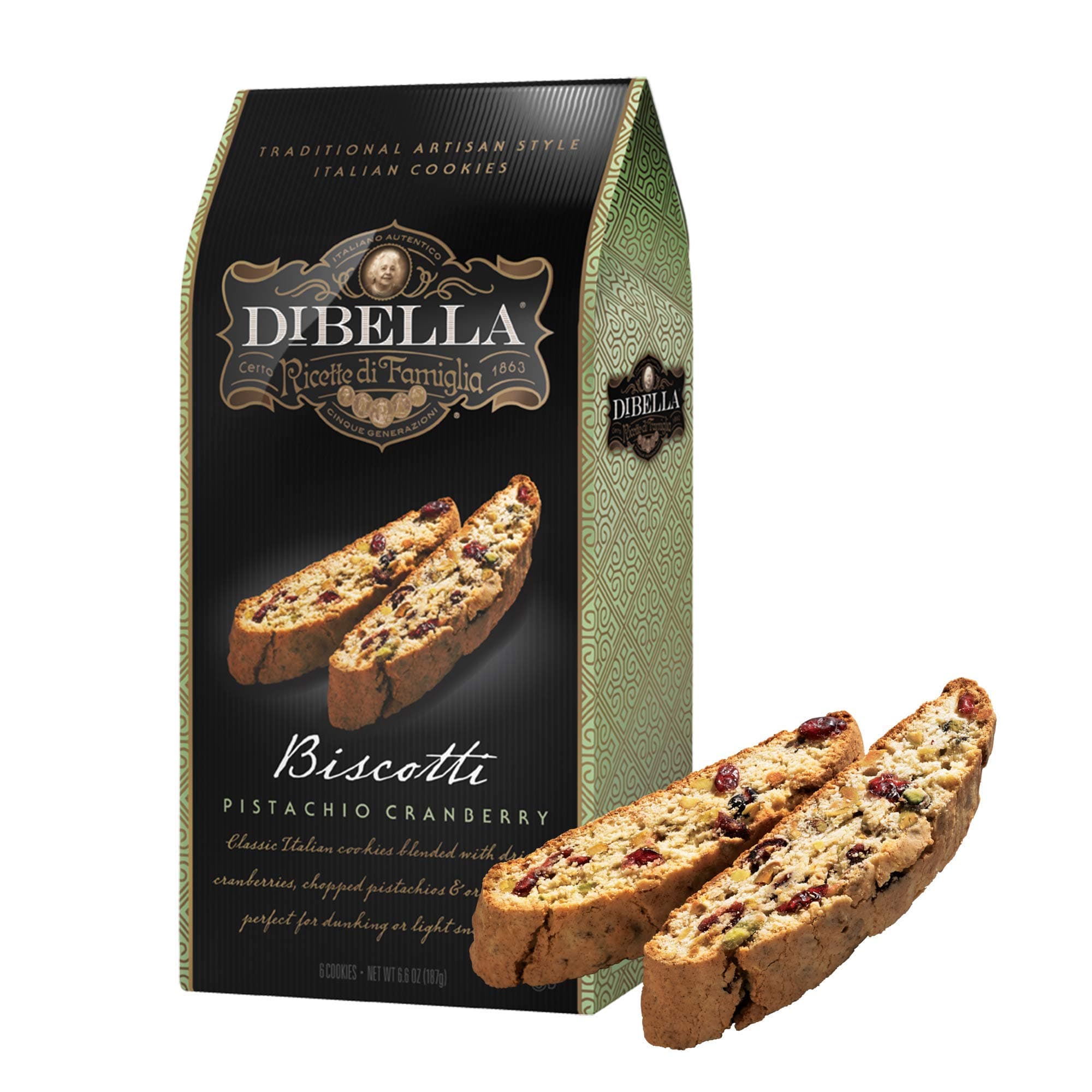 Dibella Biscotti Cookies – Authentic Italian Biscotti, Pistachio Cranberry, 6-Count – Gourmet Cantuccini Biscotti – Rich Flavor – Crunchy Outside with Silky Middle – Classic Italian Biscotti