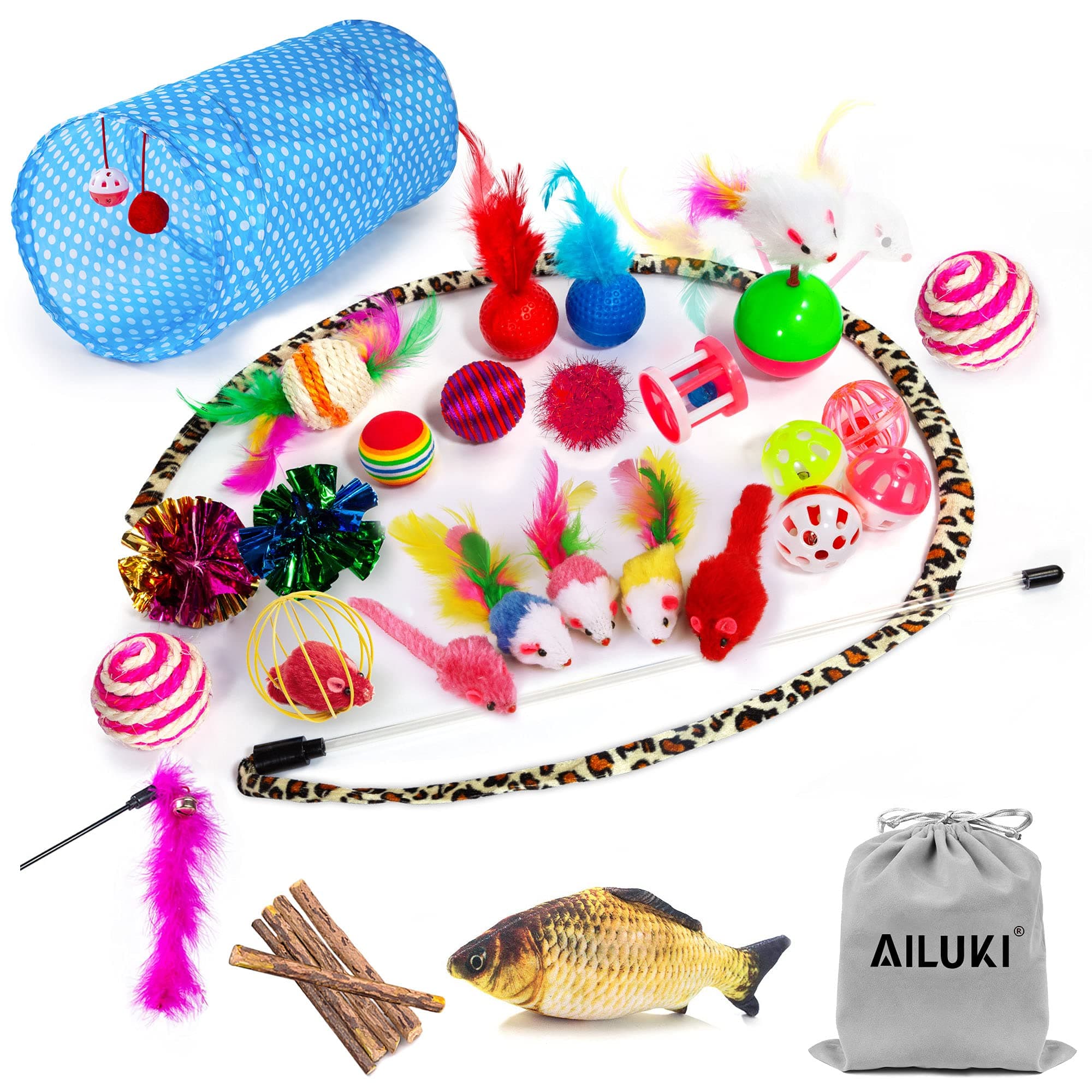 AILUKI31 pieces cat toy set with cat tunnel Jingle Bell Cat Toy Variety Pack for Kitty
