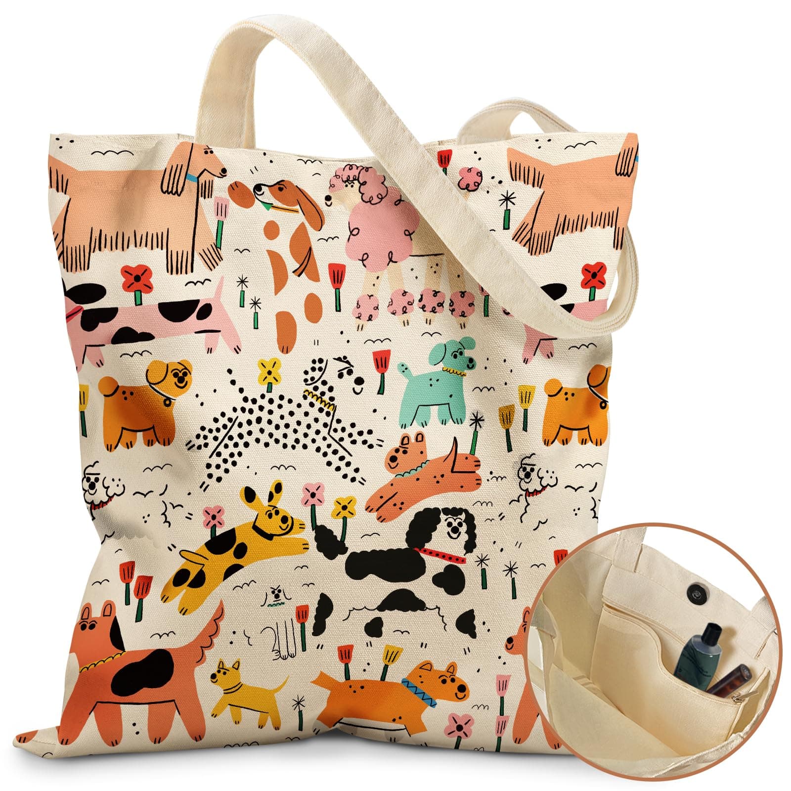 Aesthetic Tote Bag for Girls - with Magnetic Buckle and Zipper Inner Pocket for Women Lady Canvas Cotton Tote Bag