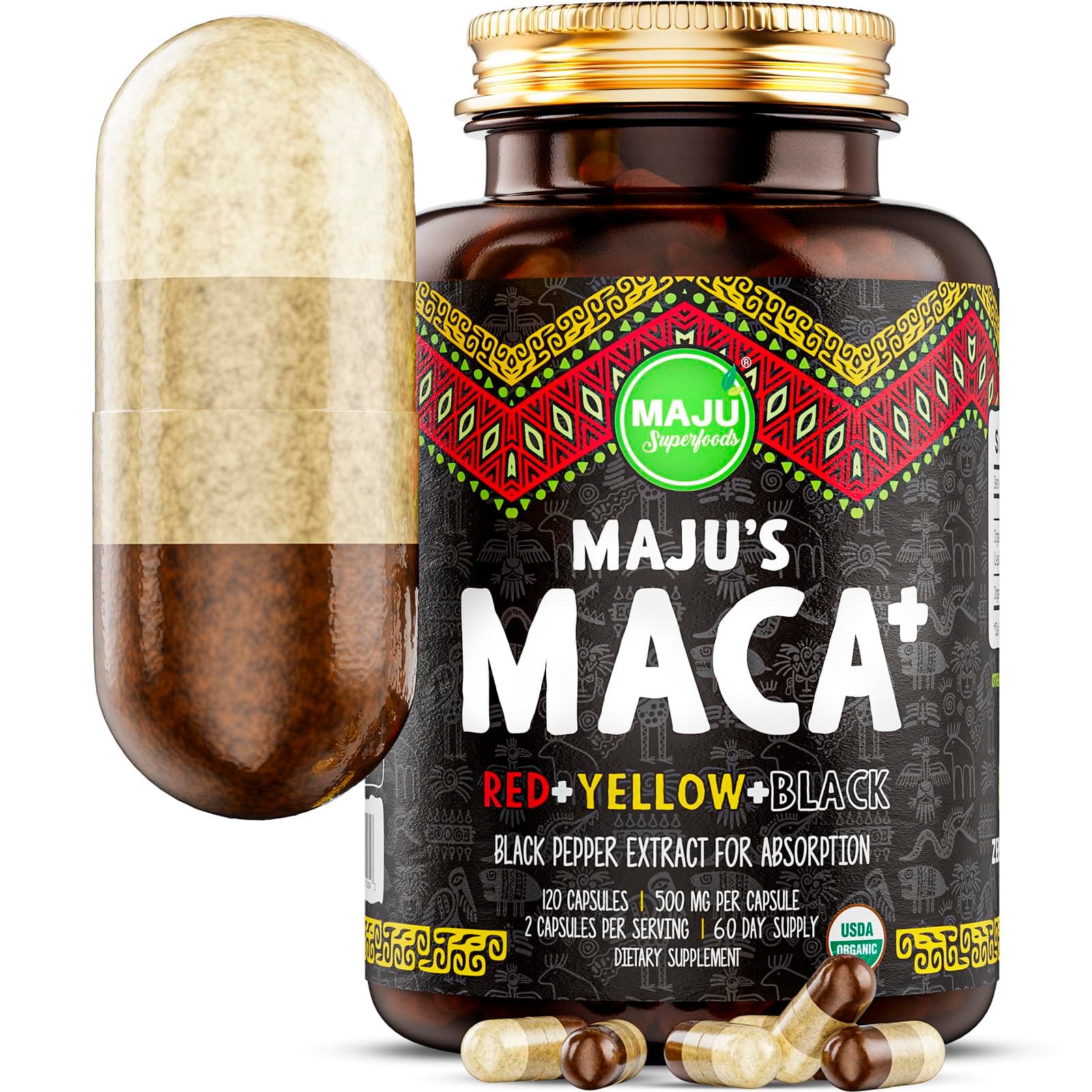 Maju Superfoods Strongest Maca Capsules Root w/Black Pepper Extract for Absorption Roots Powder, Men & Women Supplement,60000mg (Black, Red, Yellow)