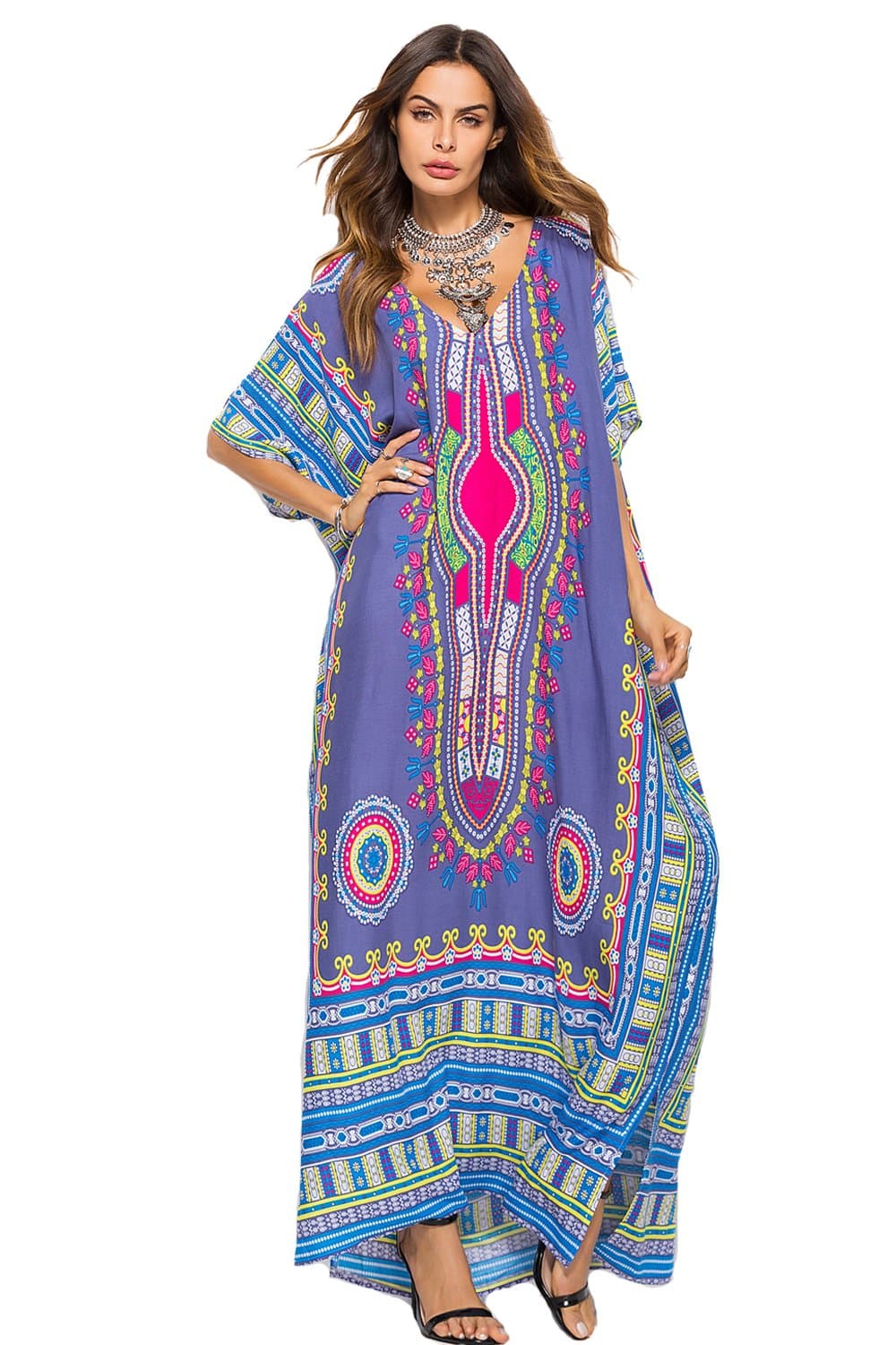 Women's White Ethnic Print Kaftan Maxi Dress Summer Beach Dress