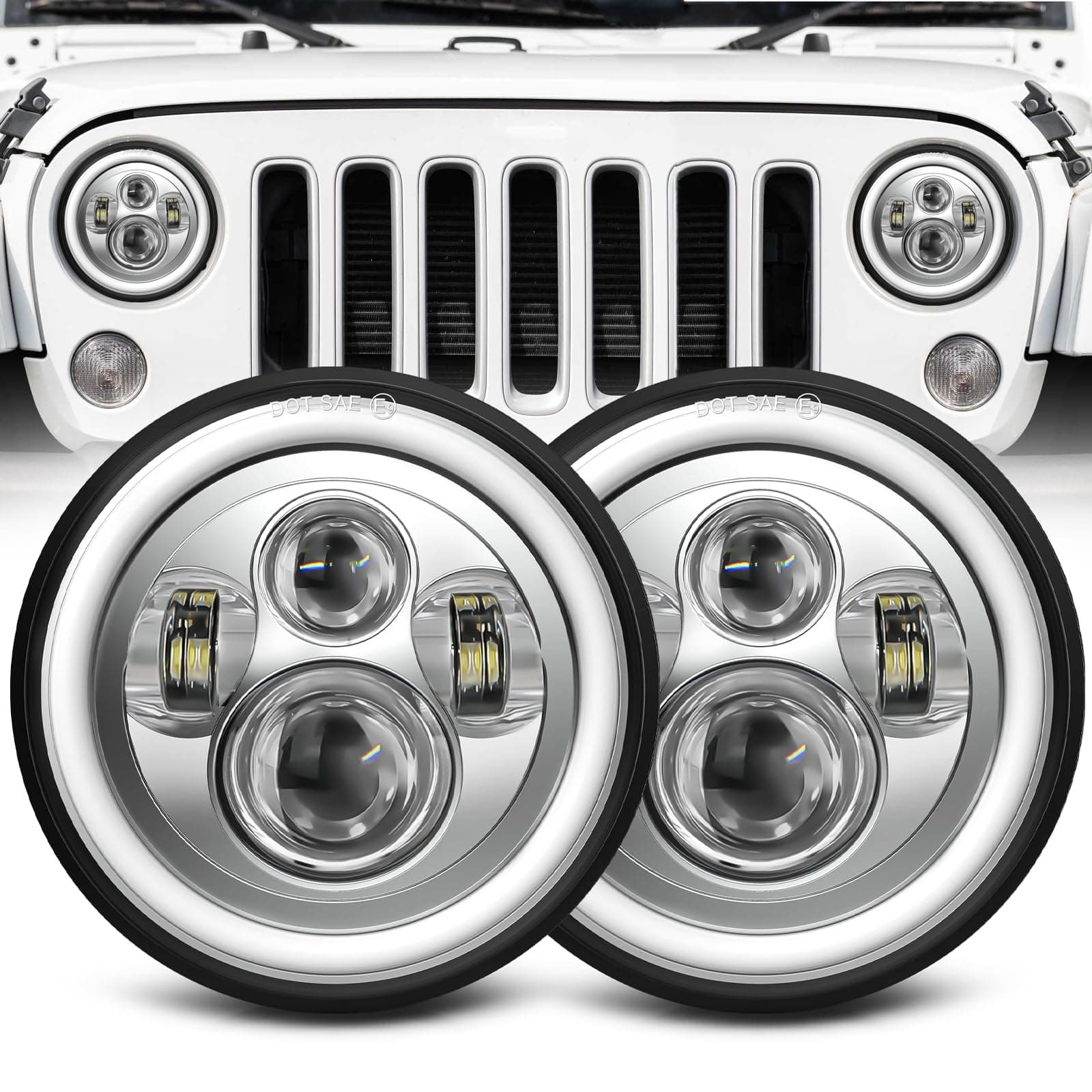 ZIMABLUE 7 inch led Headlight Chrome Round Projector 7 inch Halo led Headlight H6024 DOT Approved Hi/Lo Beam DRL Amber Turn Signal Compatible with Jeep Wrangler JK TJ CJ Compatible with Chevy miata