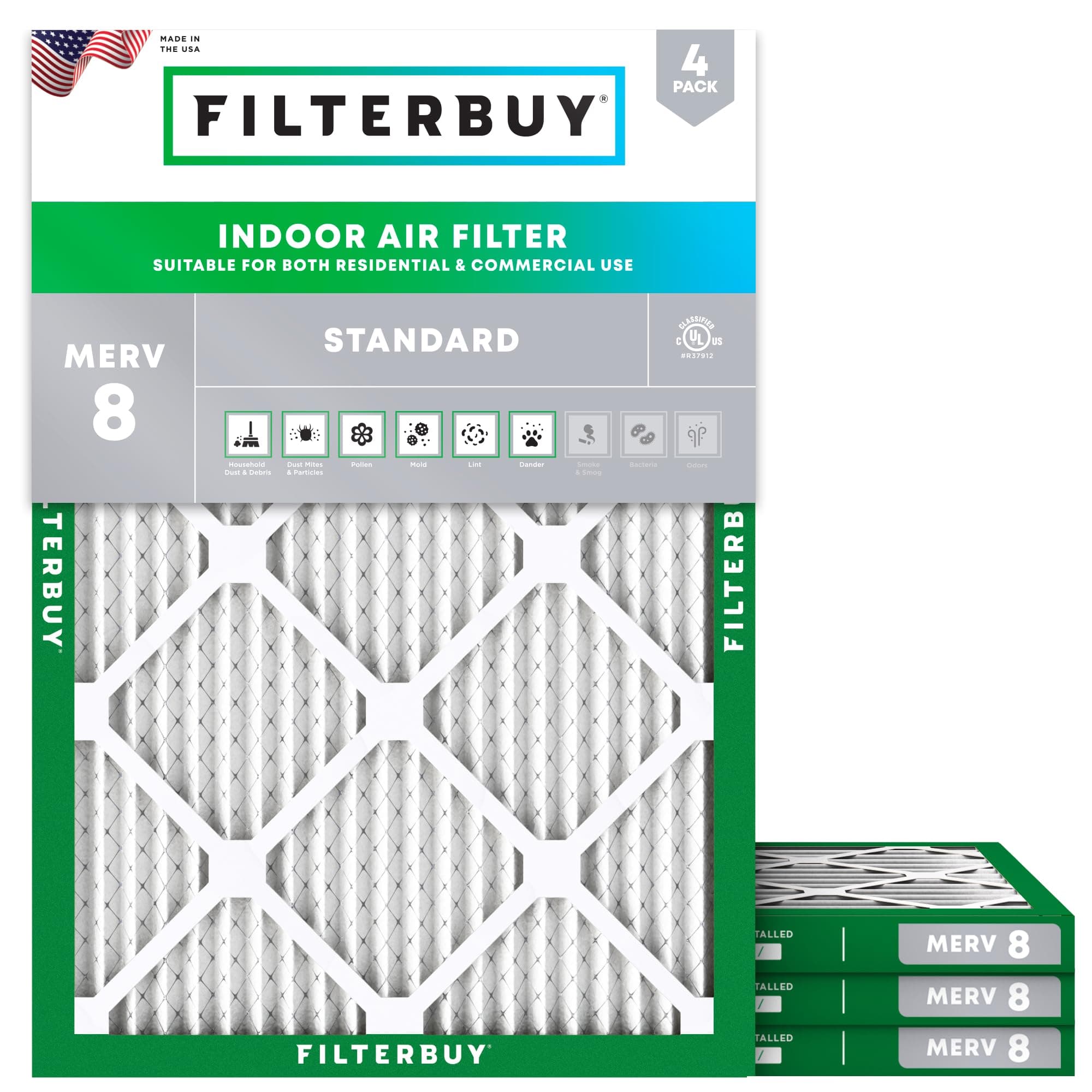 Filterbuy 22x26x1 Air Filter MERV 8 Essential Dust & Allergy Defense (4-Pack), Electrostatic Pleated HVAC AC Furnace Filters Replacement, Made in USA (Actual Size: 21.50 x 25.50 x 0.75)