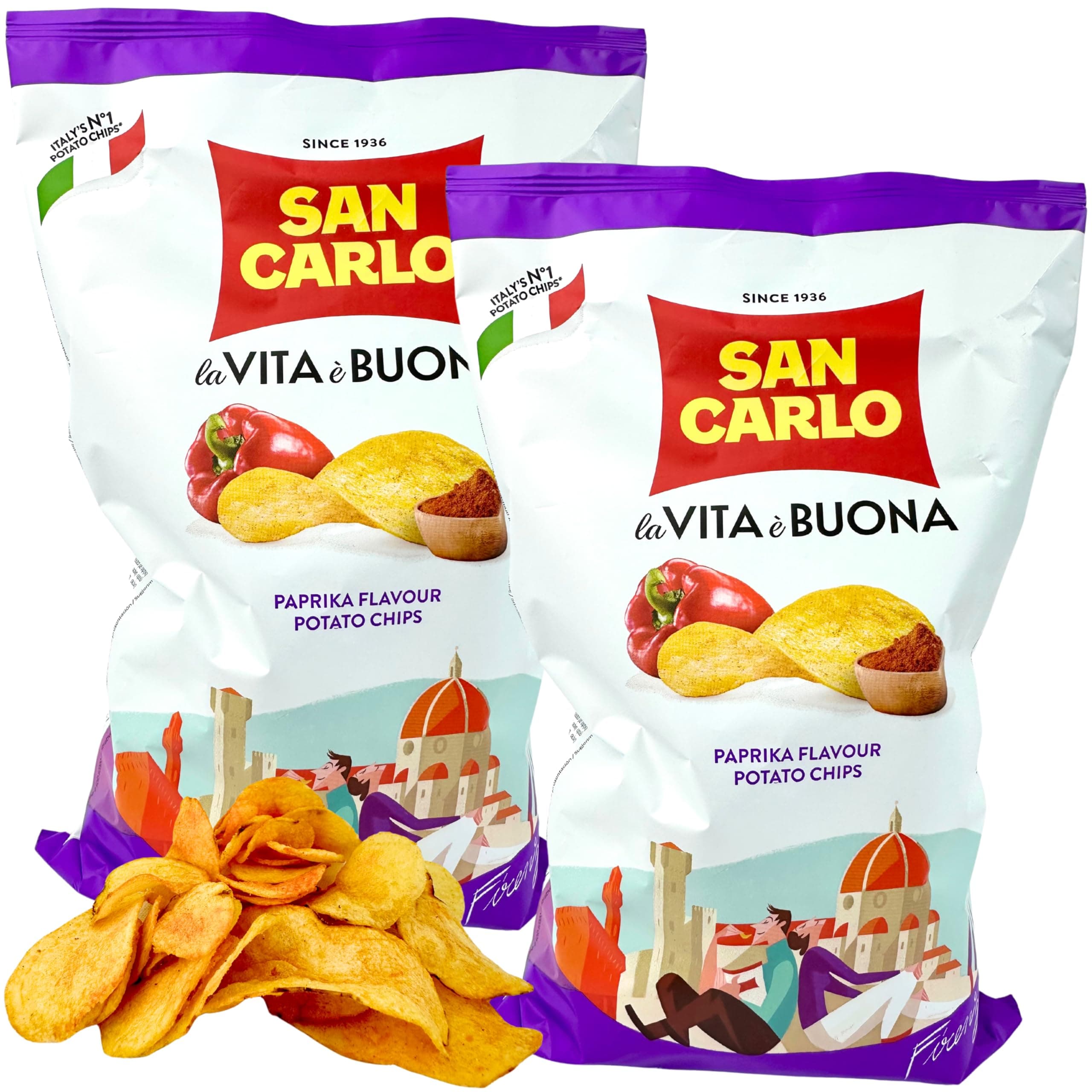 San Carlo Paprika Potato Chips 5.29 oz. (150g)(Pack of 2) Italian Paprika Potato Chips - Gluten Free - International Chips - Patatas Fritas - Family Size - Pepperoncini