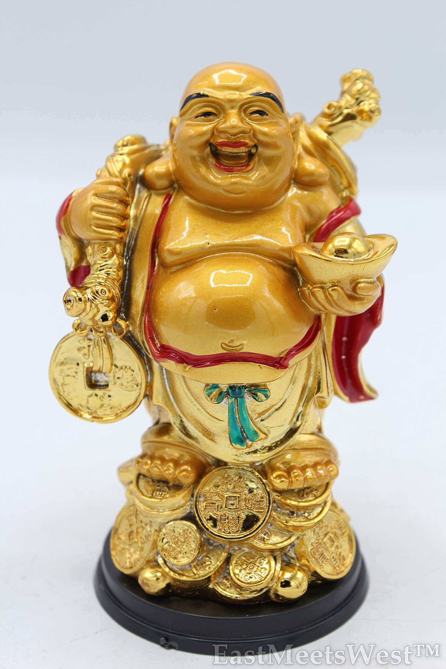EastMeetsWest Chinese Gold Feng Shui Decoration Love Happiness Longevity Wealth Happy Laughing Buddha w/Ingot Money Bag Pedestal