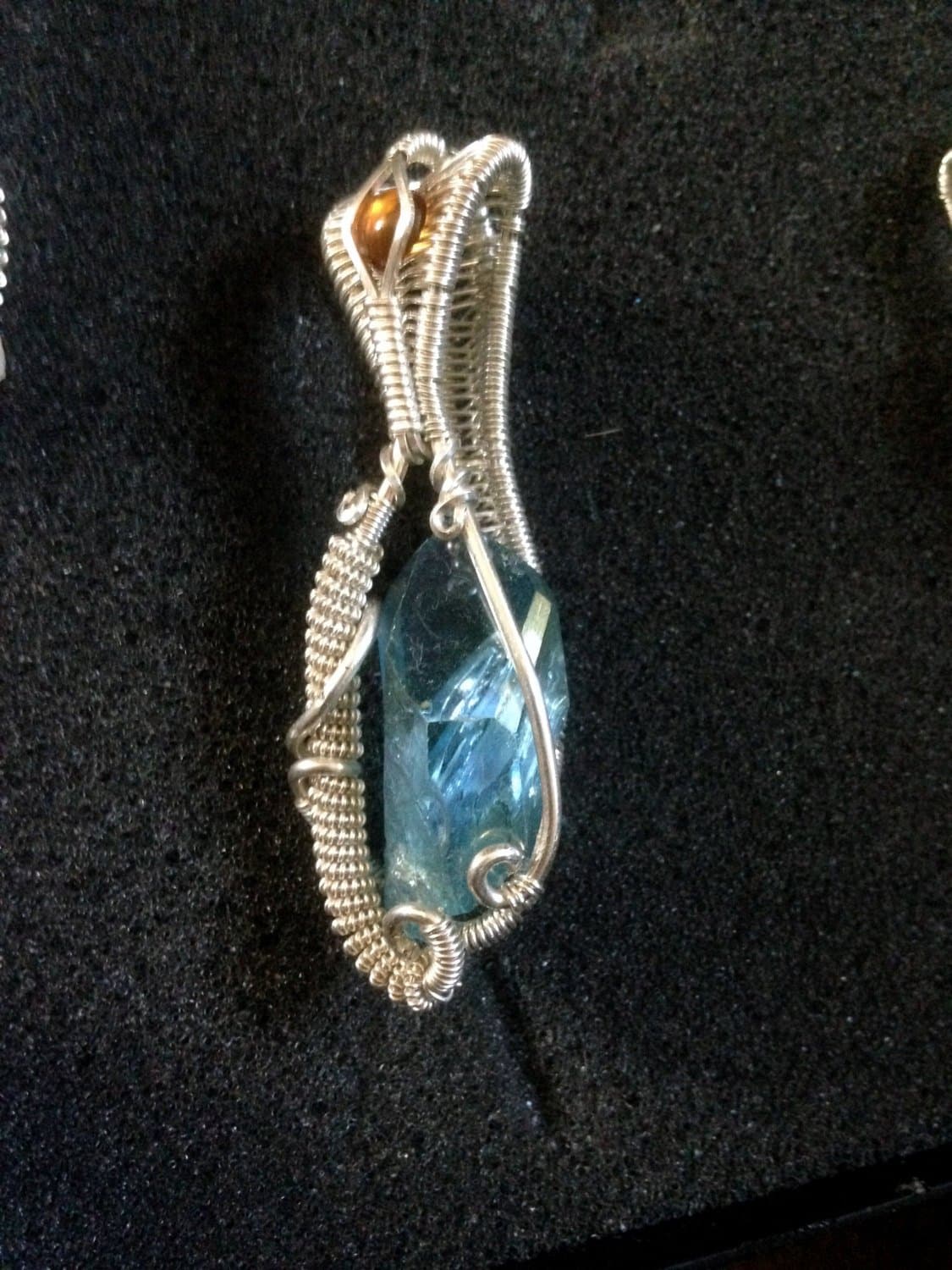 Amber and Aqua Aura Quartz Crystal Point Wire Wrapped Necklace - Quartz Bonded with Gold - Sterling Silver - One of a Kind Wire Wrap Pendant