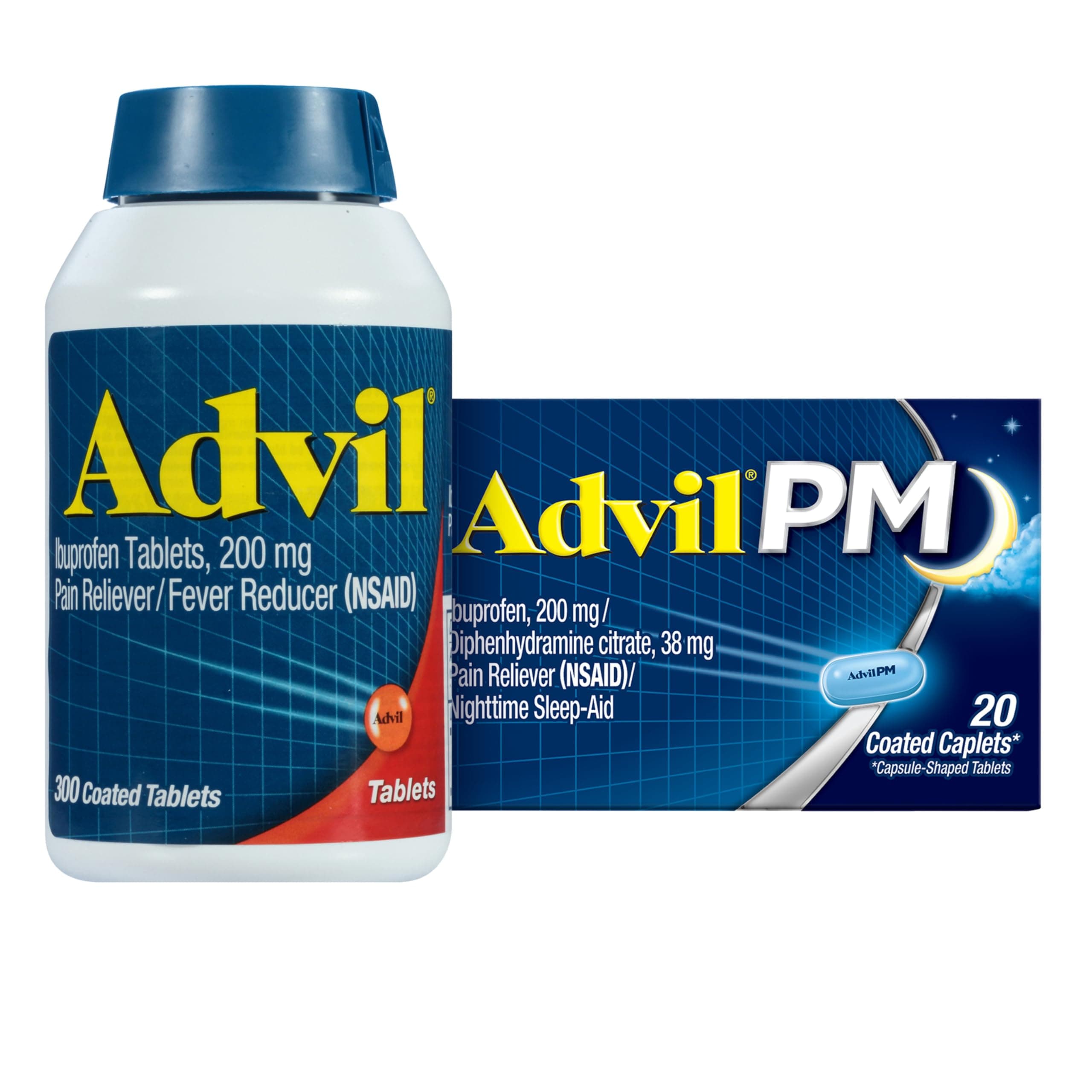 Pain Reliever and Fever Reducer, Ibuprofen 200mg for Pain Relief - 300 Count, Advil PM Pain Reliever and Nighttime Sleep Aid, Ibuprofen for Pain Relief and Diphenhydramine Citrate - 20 Count