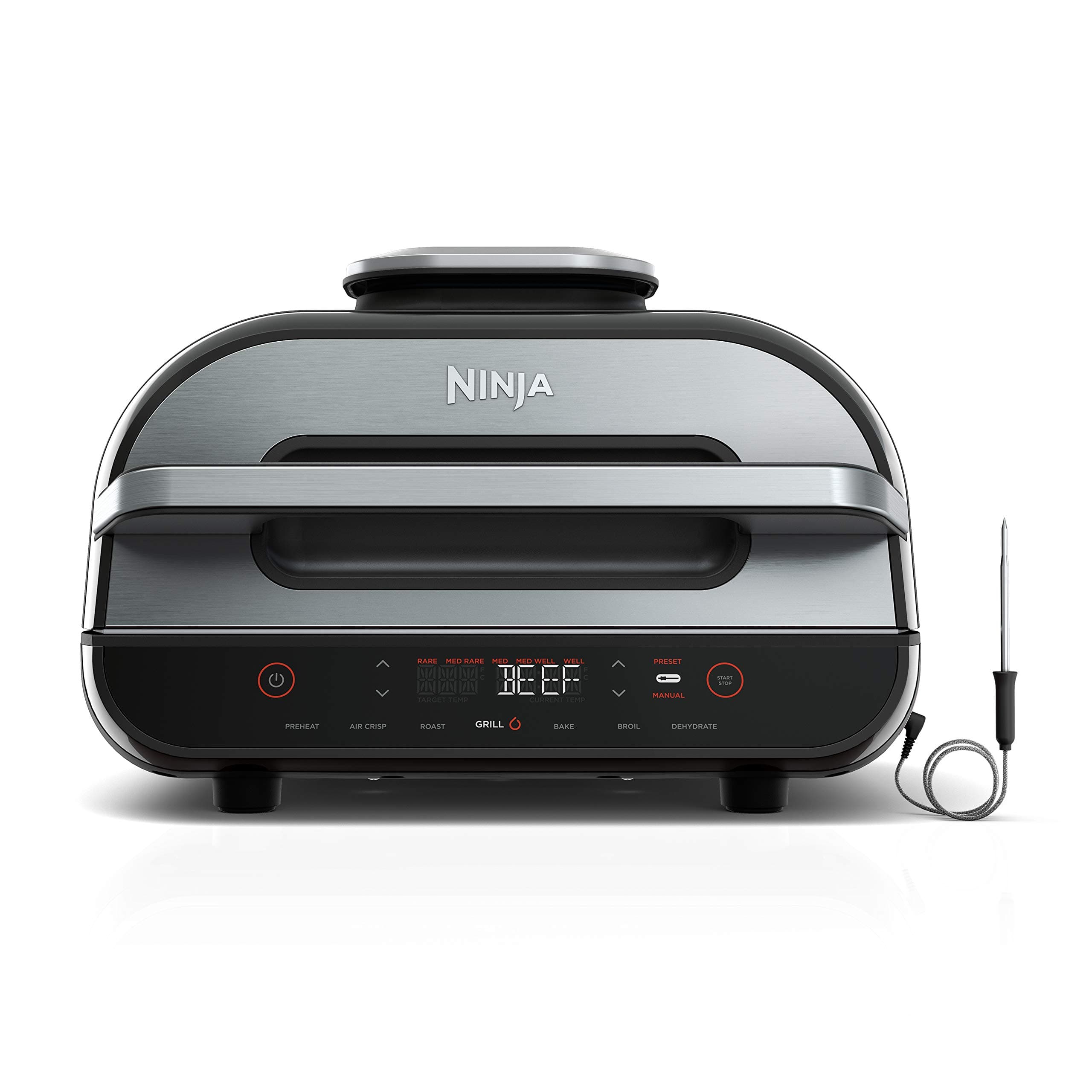 Ninja | Indoor Grill and Air Fryer| Foodi Smart XL | 6-in-1 Grill, Air Fry, Roast, Bake, Broil, Dehydrate & Crisp |Smart Thermometer & Splatter Shield | Dishwasher Safe Parts | Black/Silver | FG551