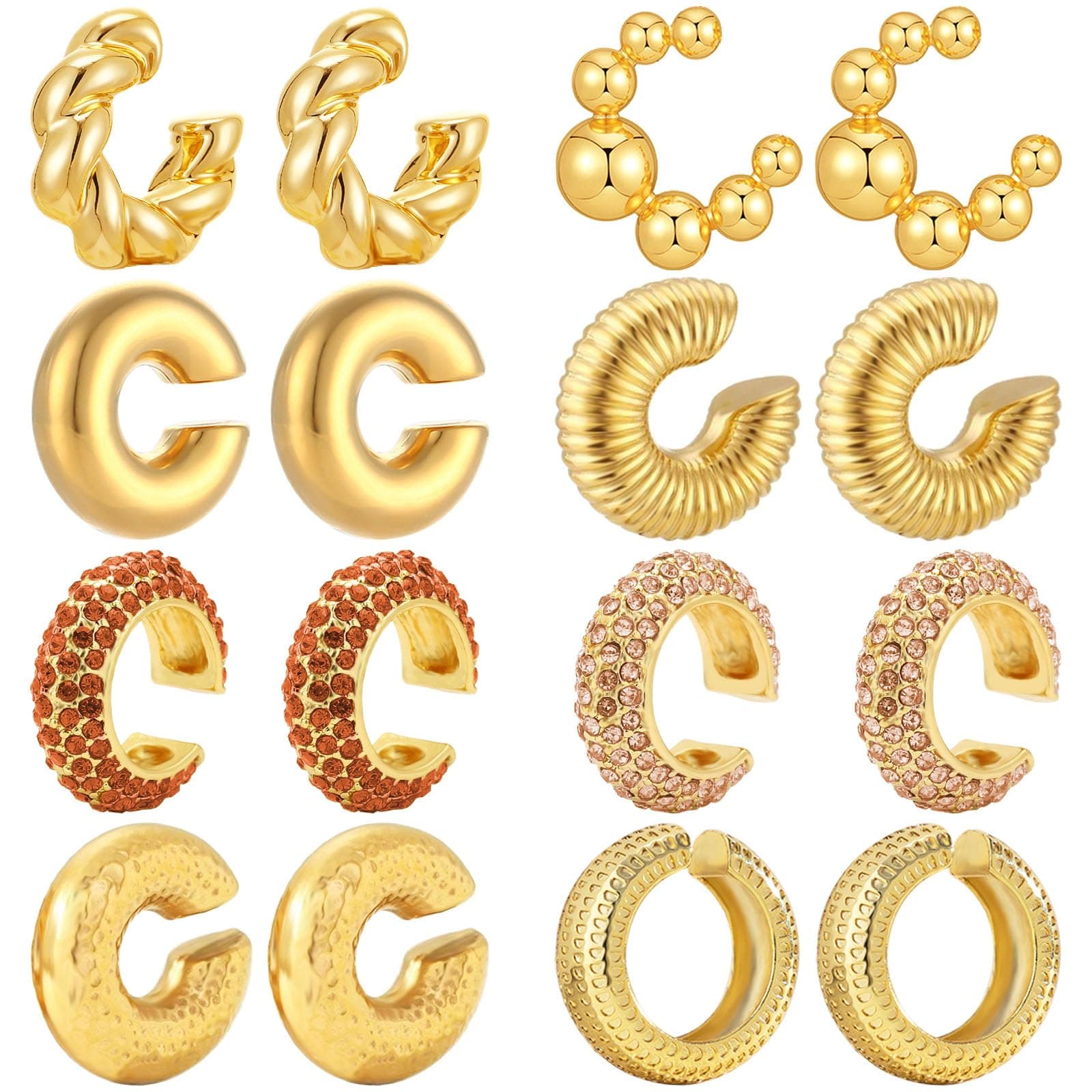 8 Pairs Chunky Gold Ear Cuff Earrings for Women Trendy Thick Ear Cuffs Non Piercing Clip On Earrings Large Cuff Earring Cartilage Clip for Women